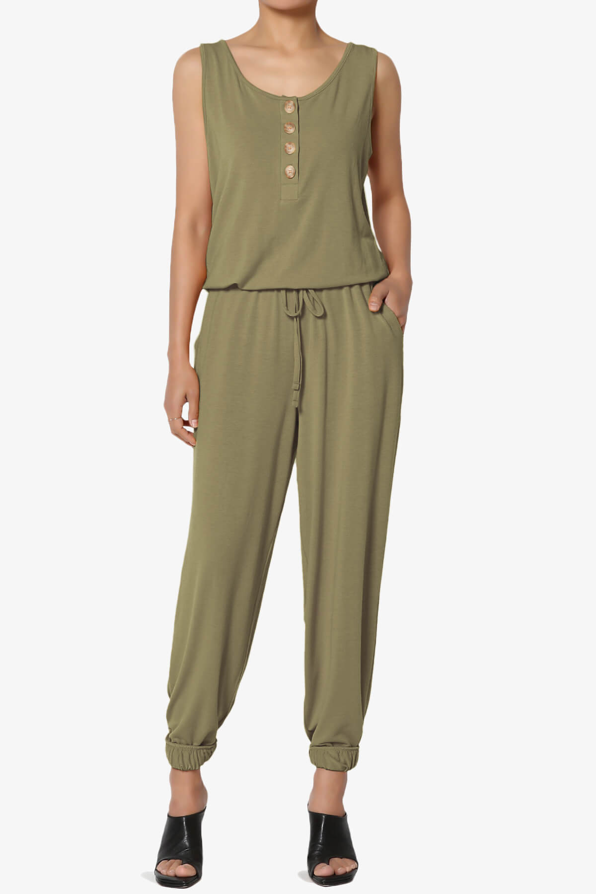 Entrada Button Scoop Neck Tank Jogger Jumpsuit KHAKI GREEN_1