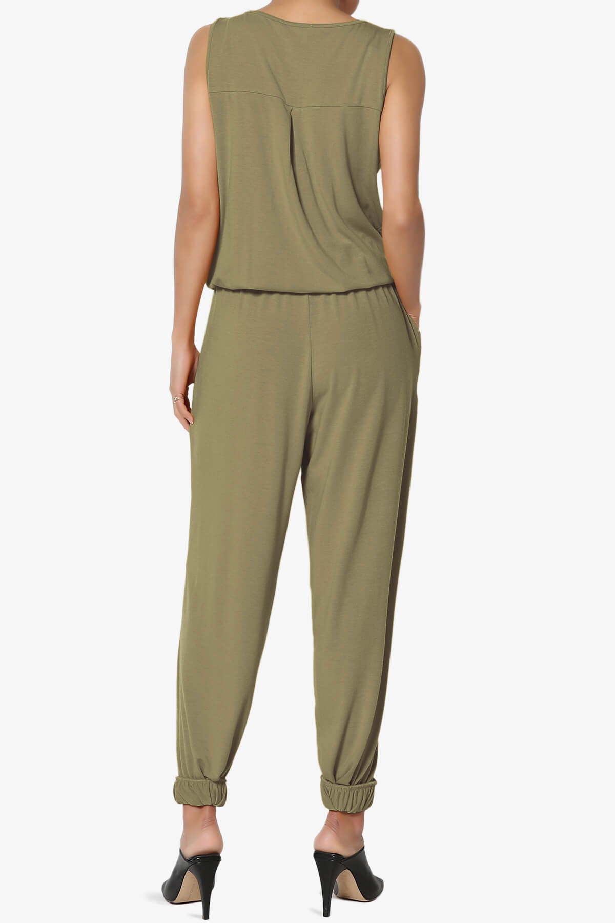 Entrada Button Scoop Neck Tank Jogger Jumpsuit KHAKI GREEN_2