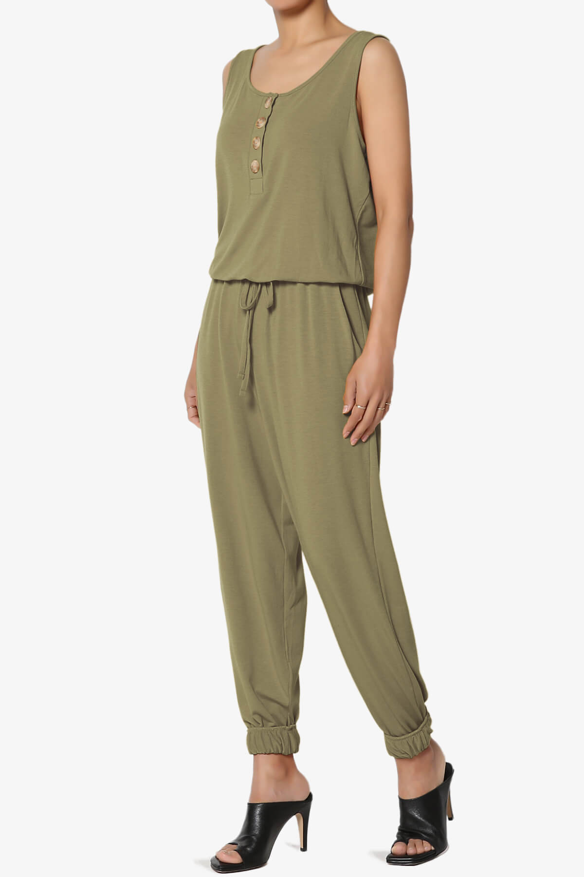 Entrada Button Scoop Neck Tank Jogger Jumpsuit KHAKI GREEN_3