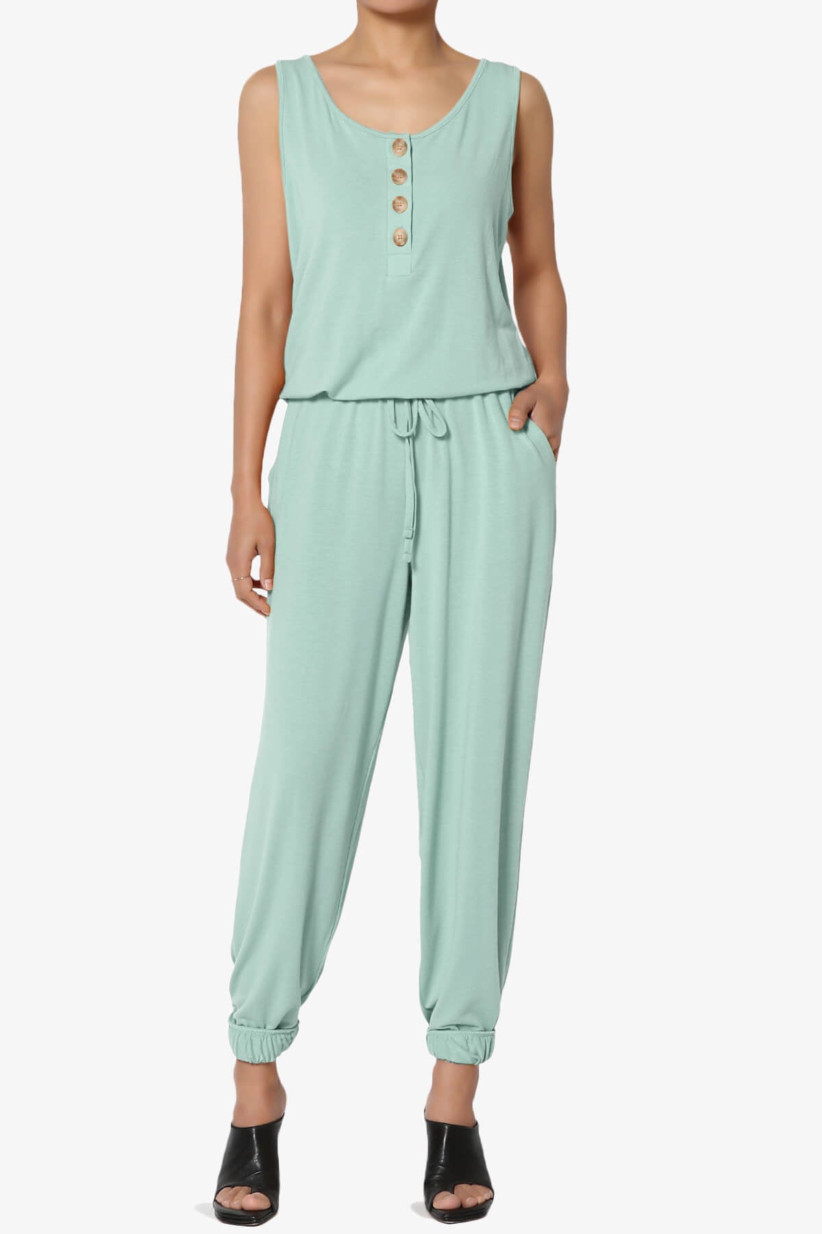 Entrada Button Scoop Neck Tank Jogger Jumpsuit LIGHT GREEN_1