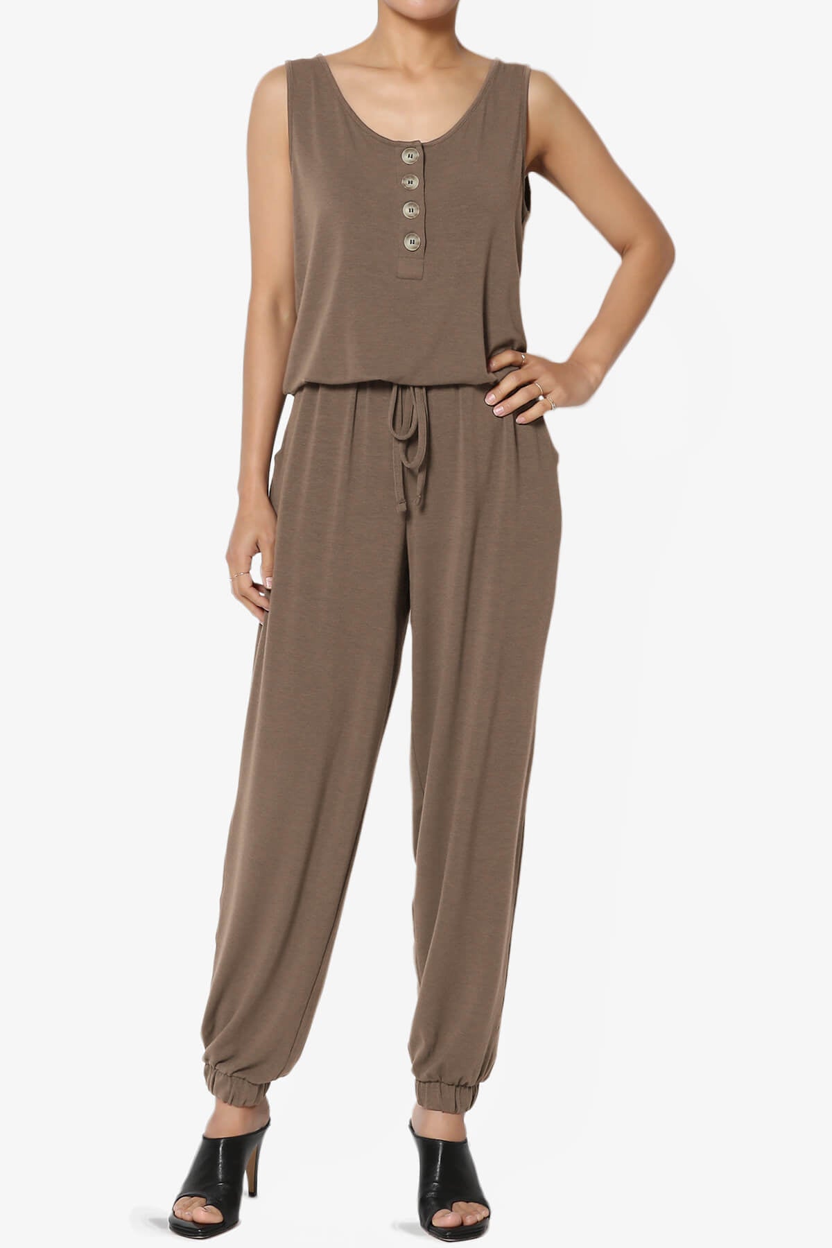 Entrada Button Scoop Neck Tank Jogger Jumpsuit MOCHA_1