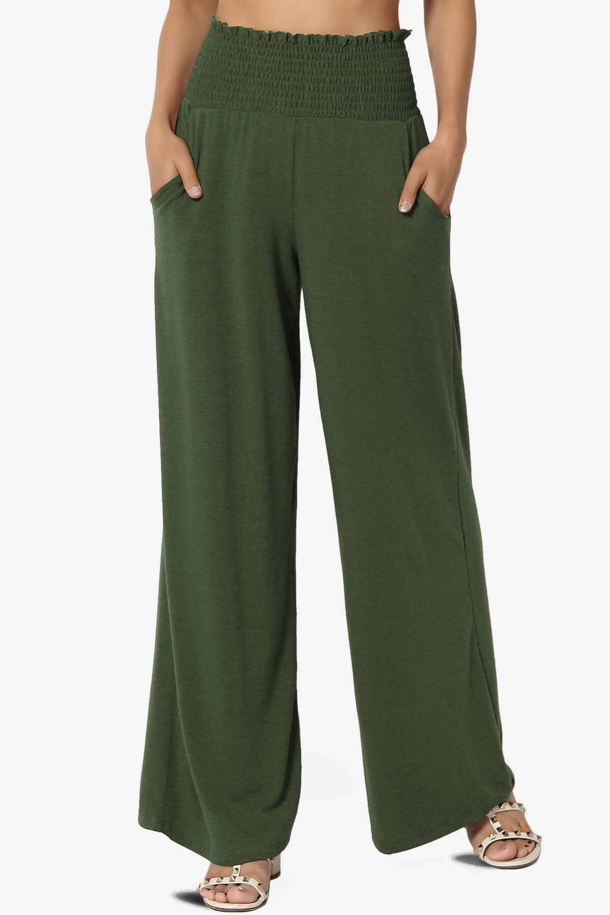 Estella Smocked Waist Lounge Pants ARMY GREEN_1