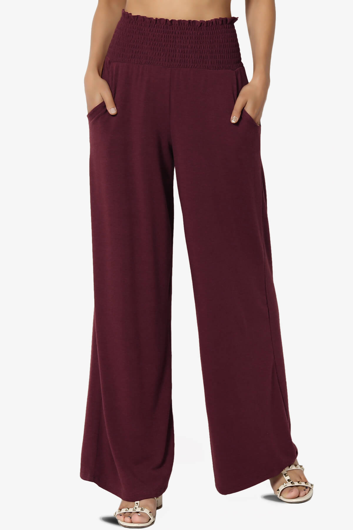 Estella Smocked Waist Lounge Pants DARK BURGUNDY_1