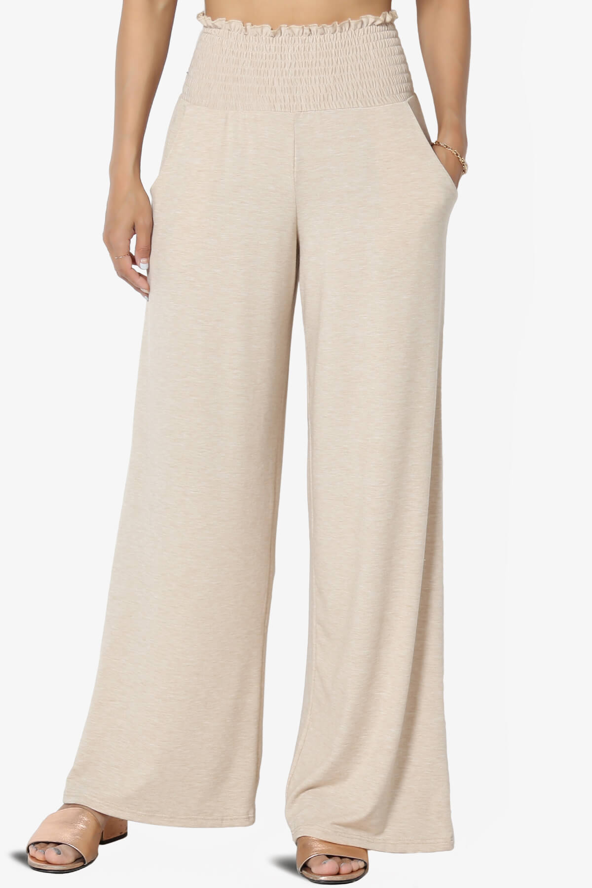 Estella Smocked Waist Lounge Pants HEATHER BEIGE_1
