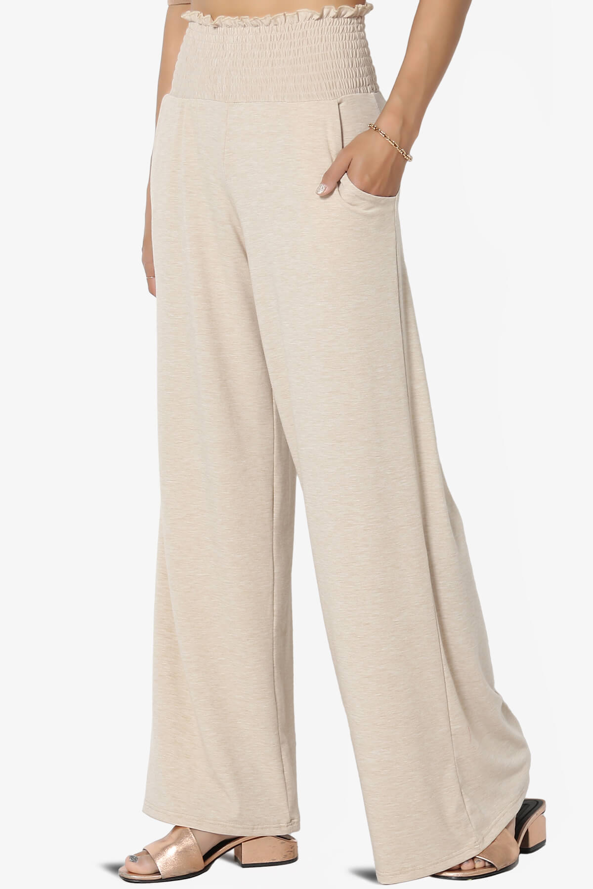 Estella Smocked Waist Lounge Pants HEATHER BEIGE_3
