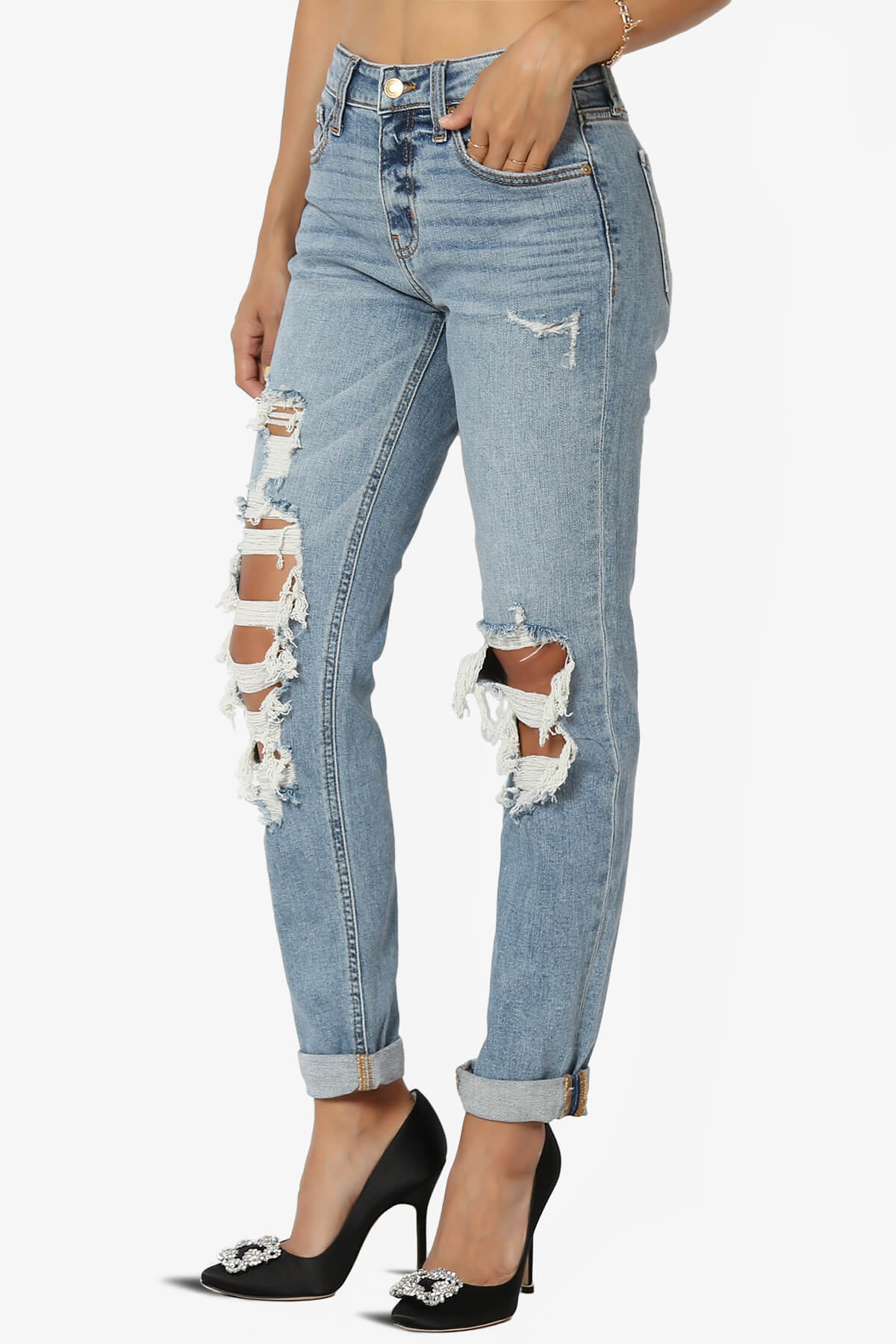 Frankie Distressed Mid Rise Girlfriend Jeans in LF Light LIGHT_3
