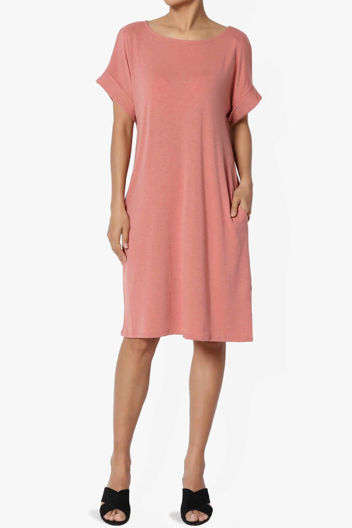Janie Rolled Short Sleeve Round Neck Dress ASH ROSE_1