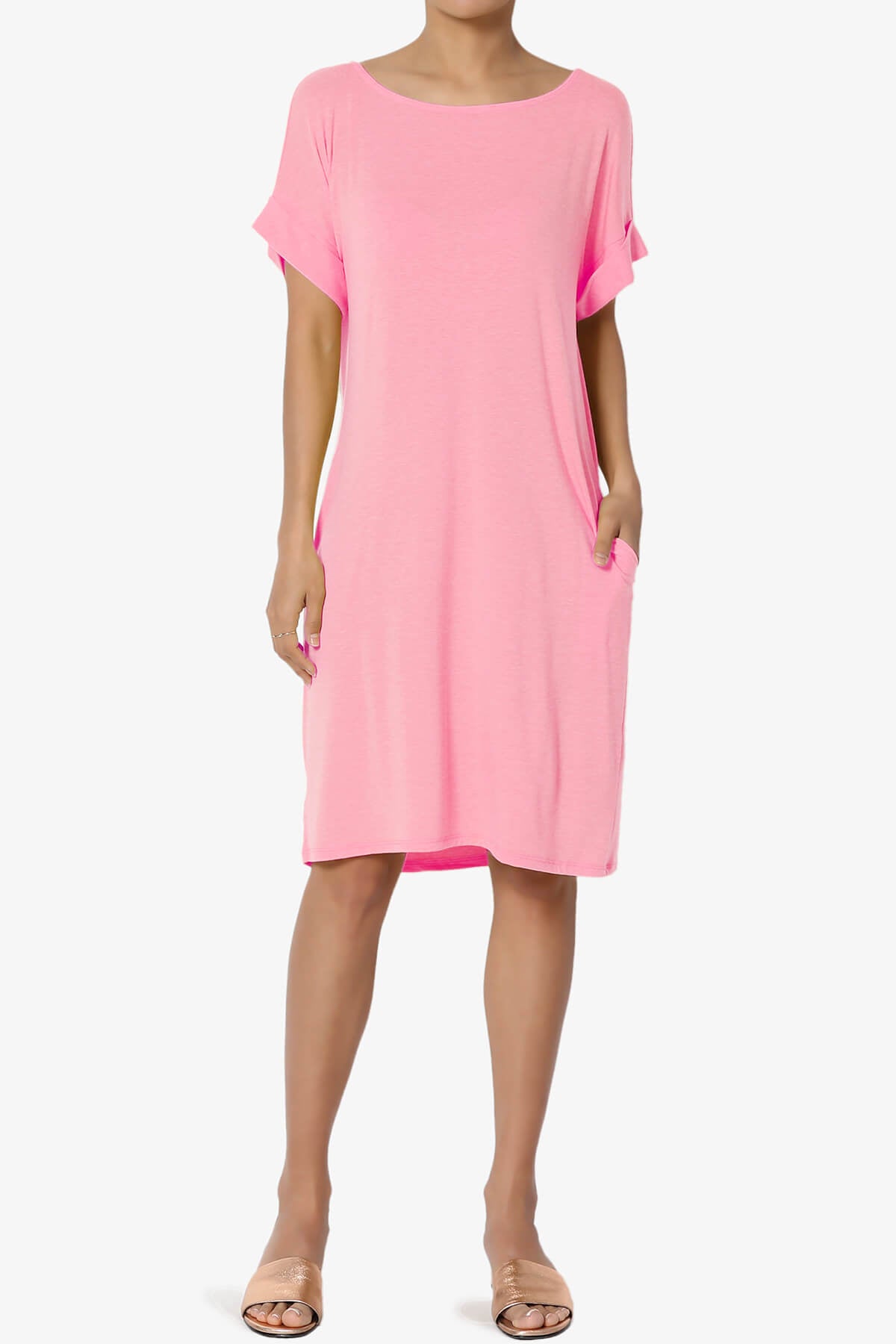 Janie Rolled Short Sleeve Round Neck Dress BRIGHT PINK_1