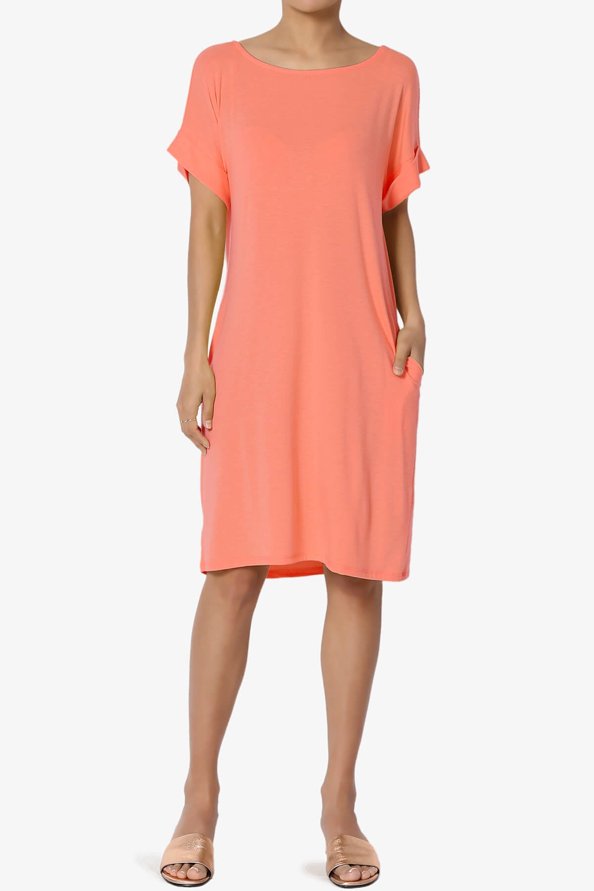 Janie Rolled Short Sleeve Round Neck Dress CORAL_1