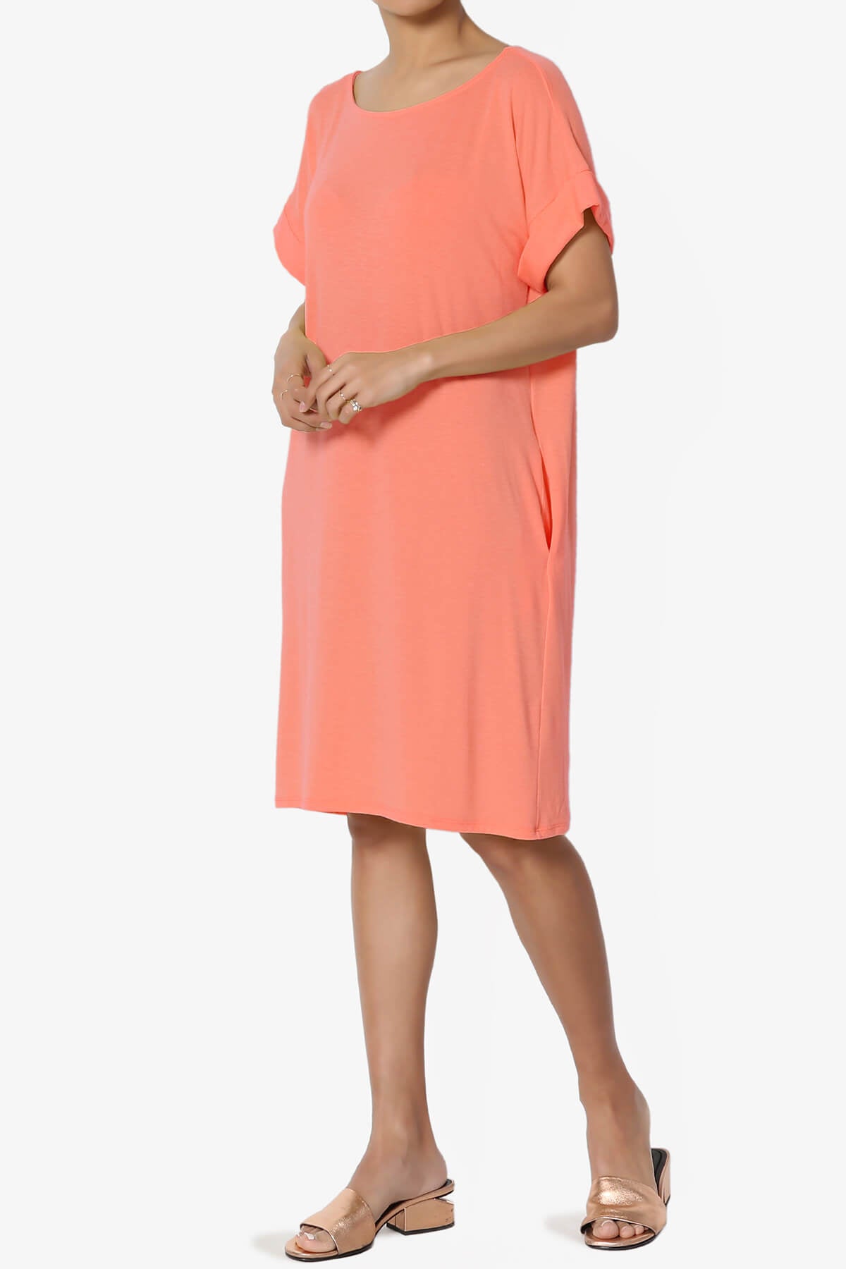 Janie Rolled Short Sleeve Round Neck Dress CORAL_3