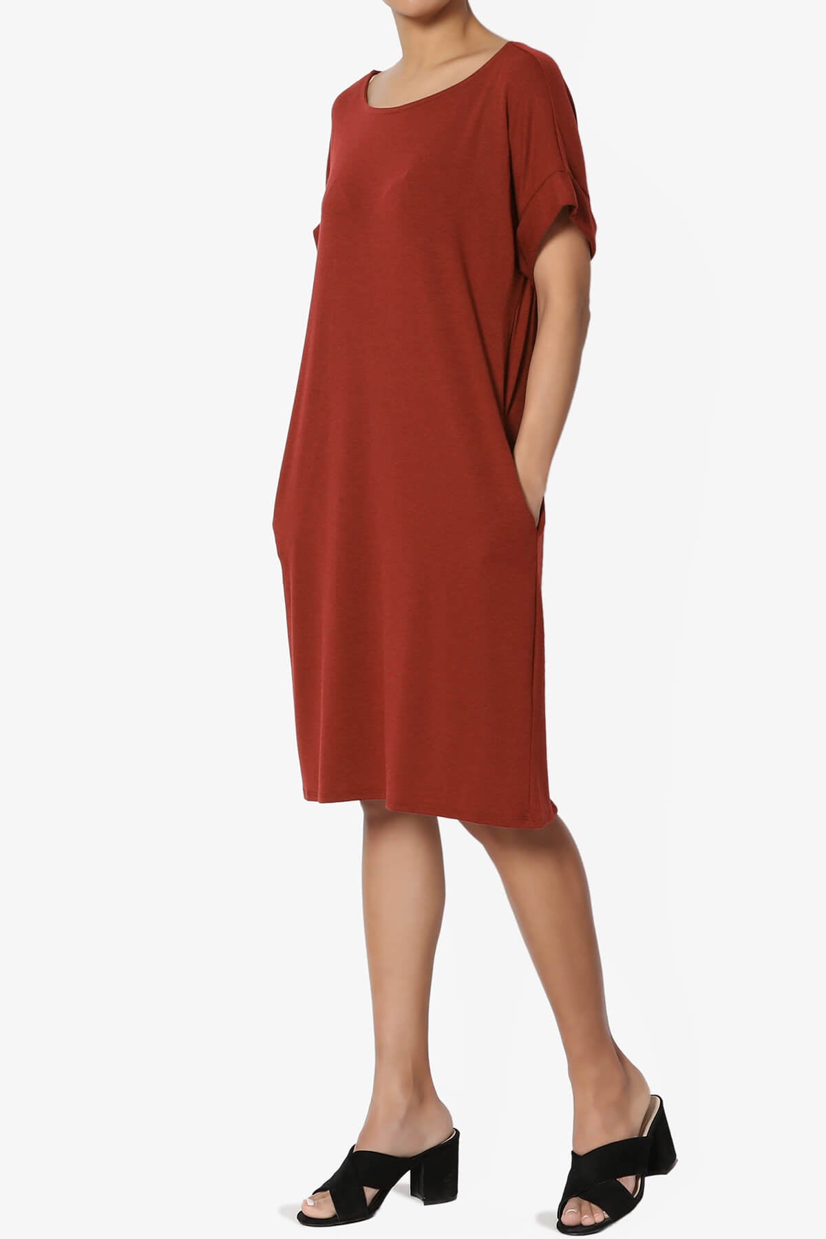 Janie Rolled Short Sleeve Round Neck Dress DARK RUST_3