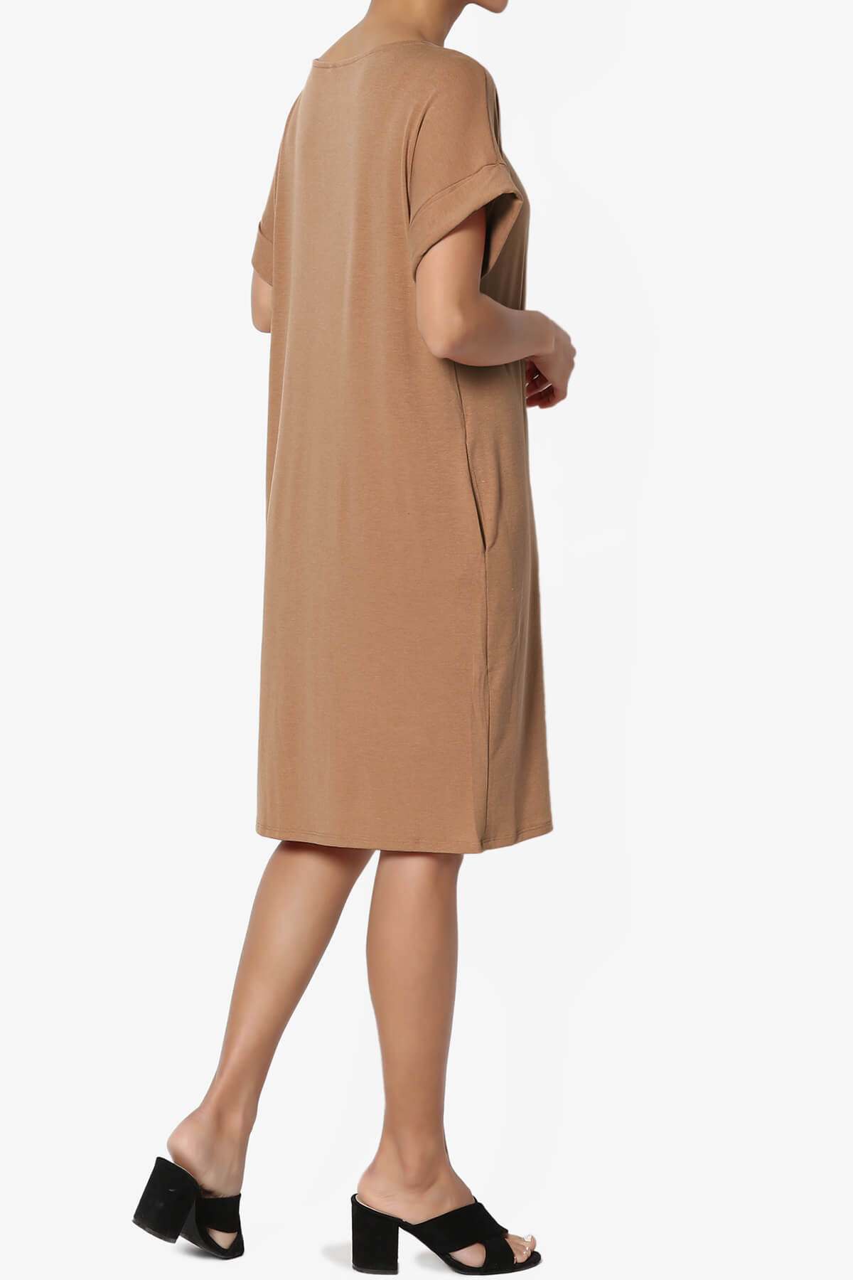 Janie Rolled Short Sleeve Round Neck Dress DEEP CAMEL_4