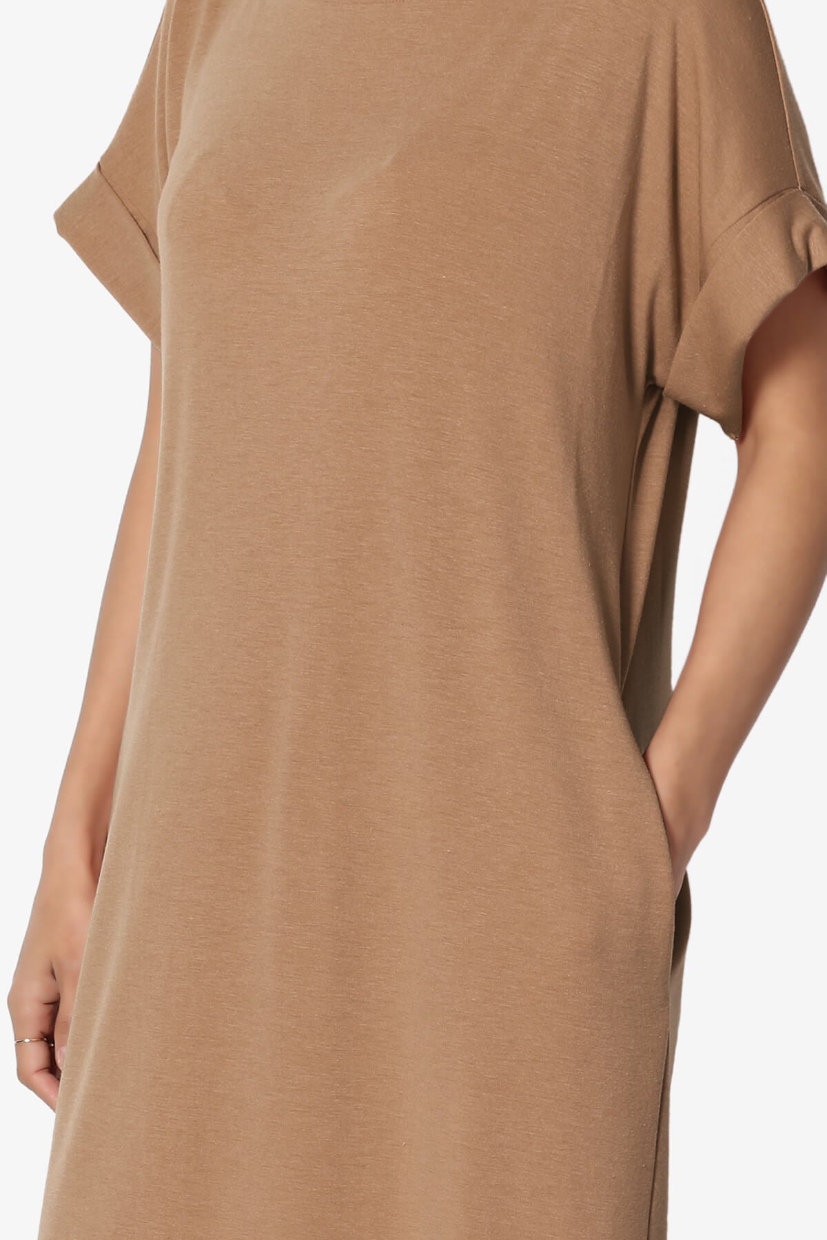 Janie Rolled Short Sleeve Round Neck Dress DEEP CAMEL_5