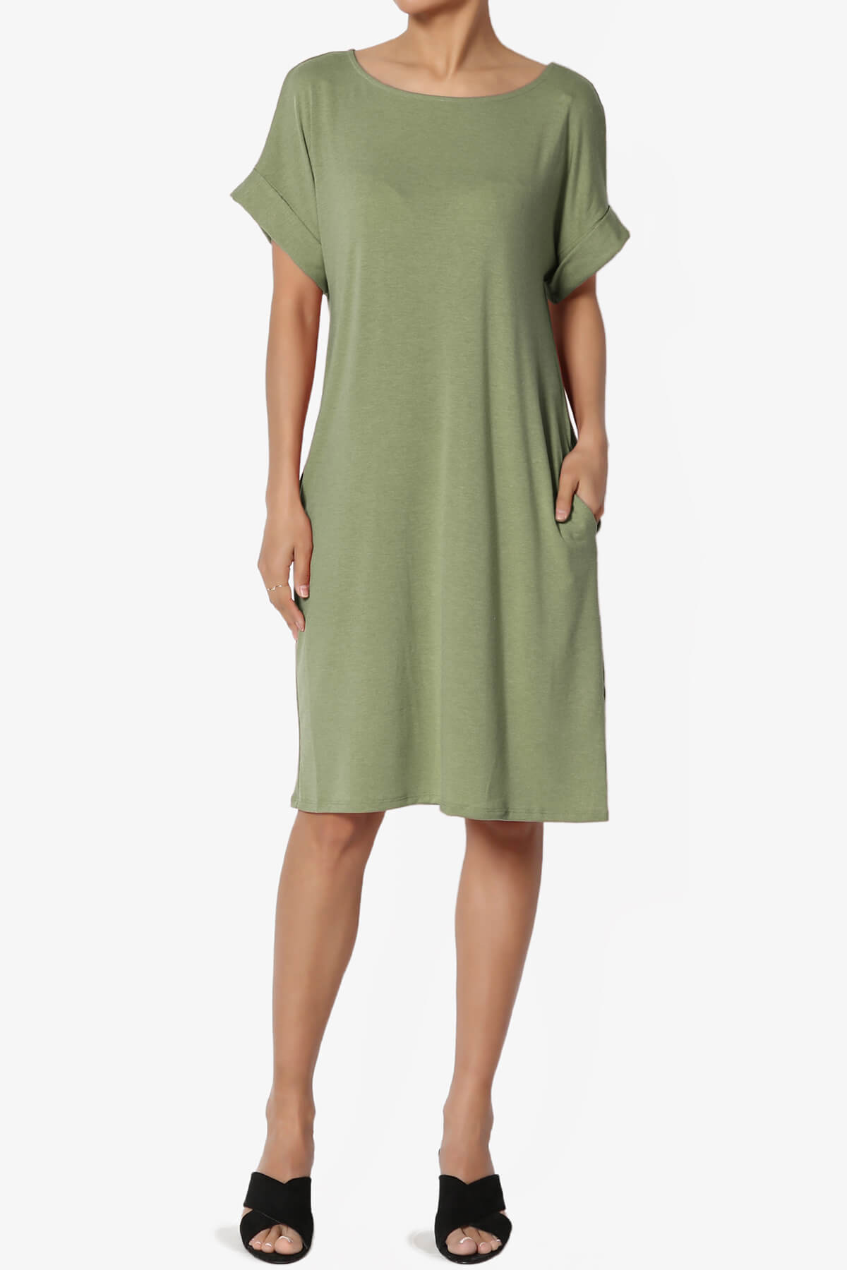 Janie Rolled Short Sleeve Round Neck Dress DUSTY OLIVE_1