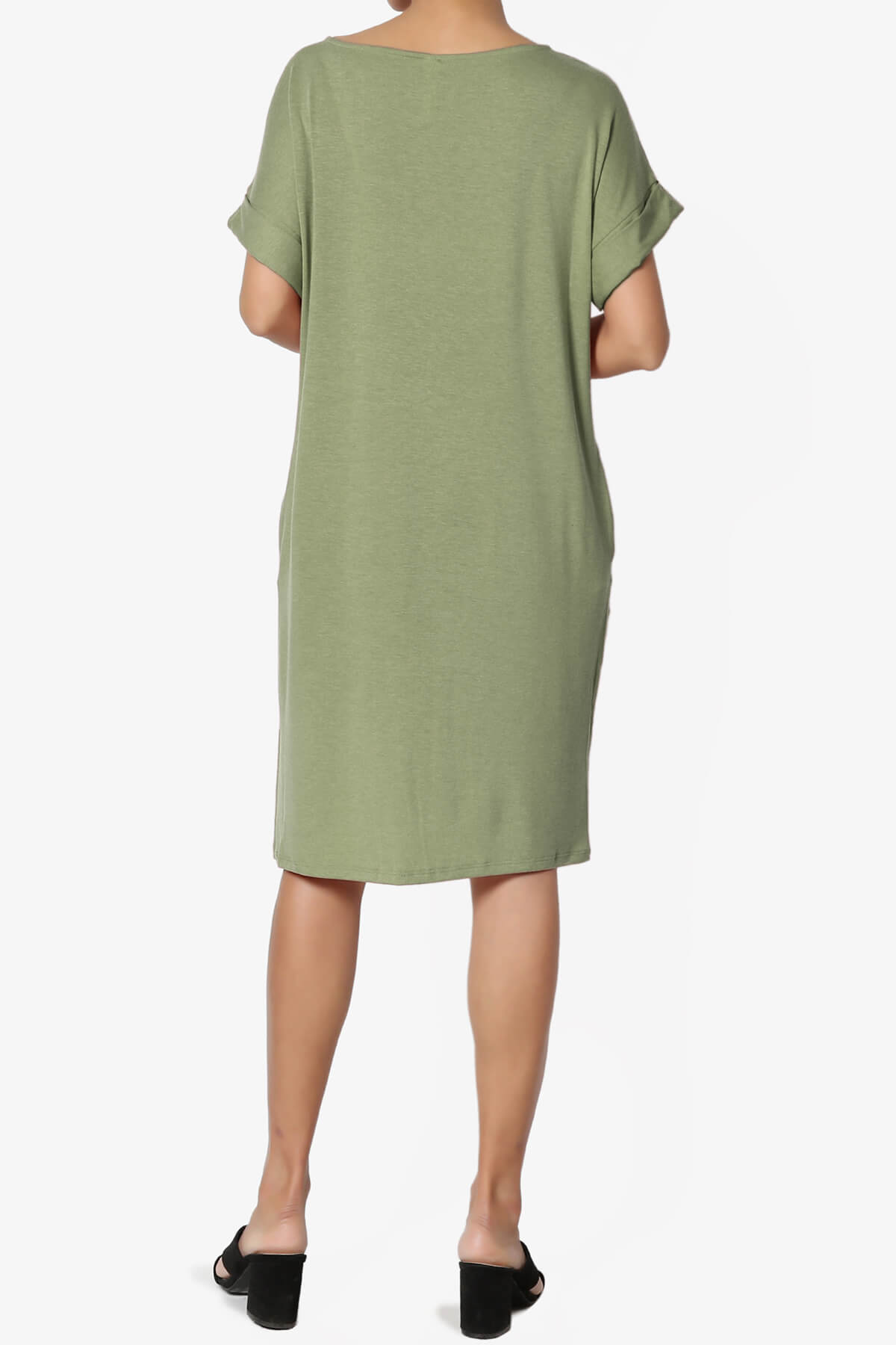 Janie Rolled Short Sleeve Round Neck Dress DUSTY OLIVE_2