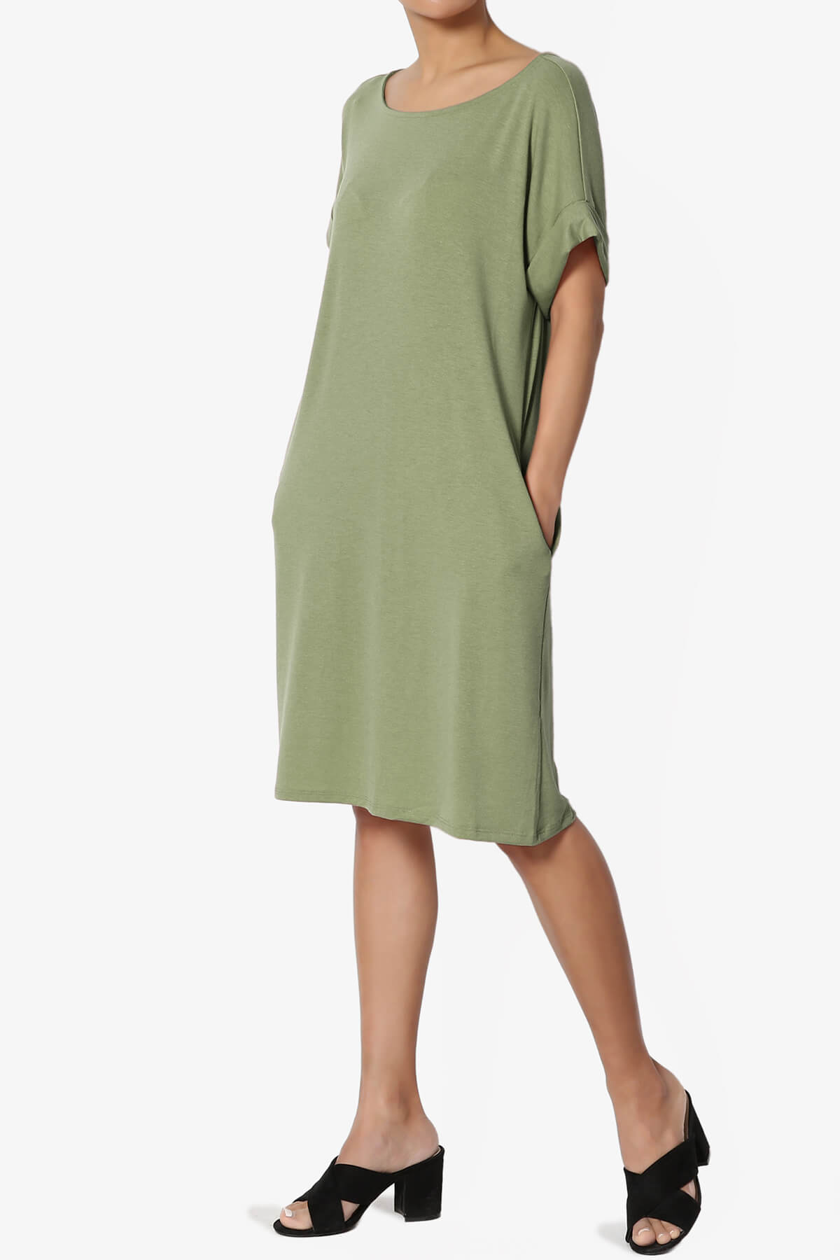 Janie Rolled Short Sleeve Round Neck Dress DUSTY OLIVE_3