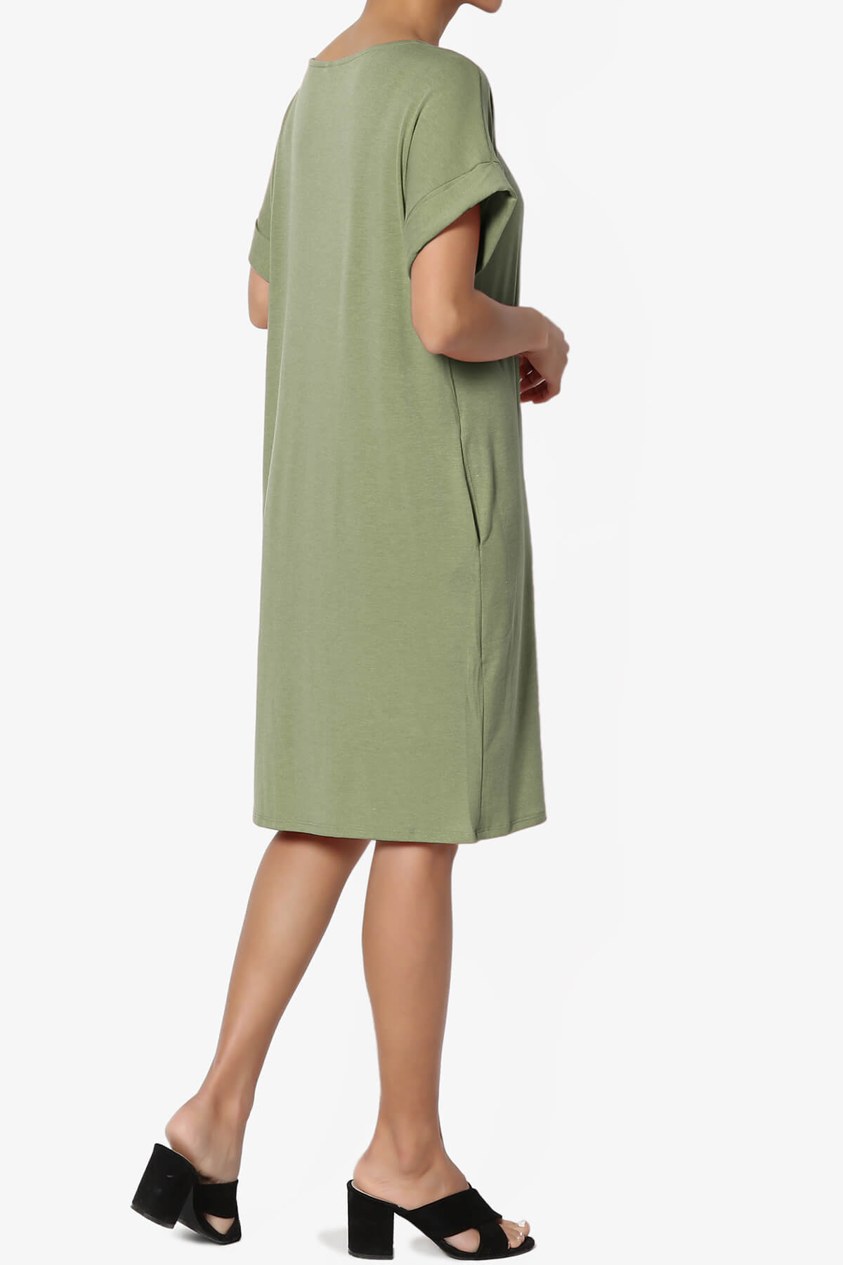 Janie Rolled Short Sleeve Round Neck Dress DUSTY OLIVE_4