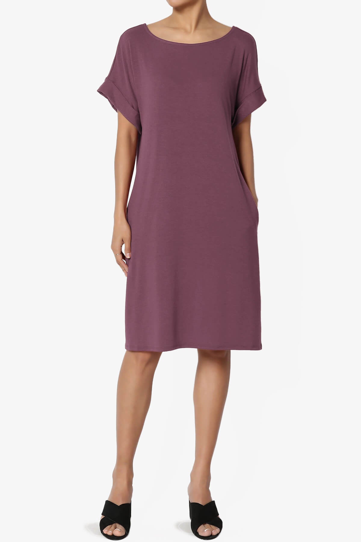 Janie Rolled Short Sleeve Round Neck Dress DUSTY PLUM_1