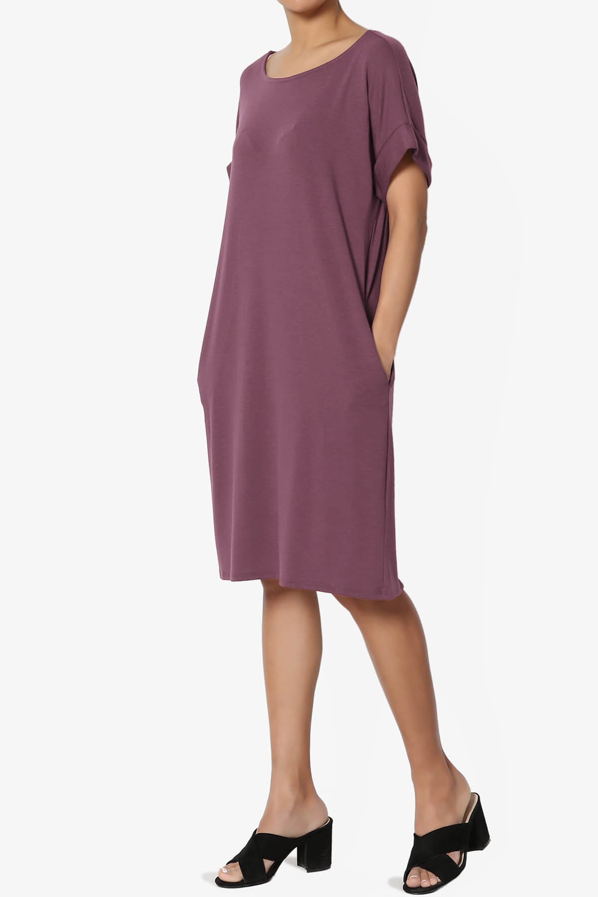 Janie Rolled Short Sleeve Round Neck Dress DUSTY PLUM_3
