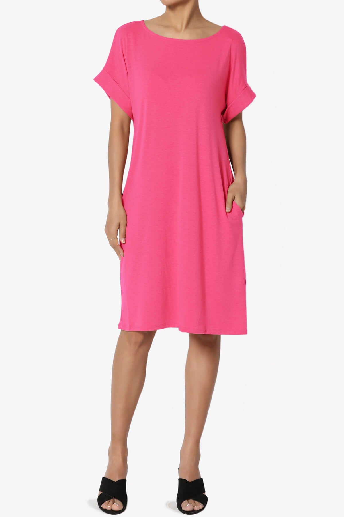 Janie Rolled Short Sleeve Round Neck Dress FUCHSIA_1