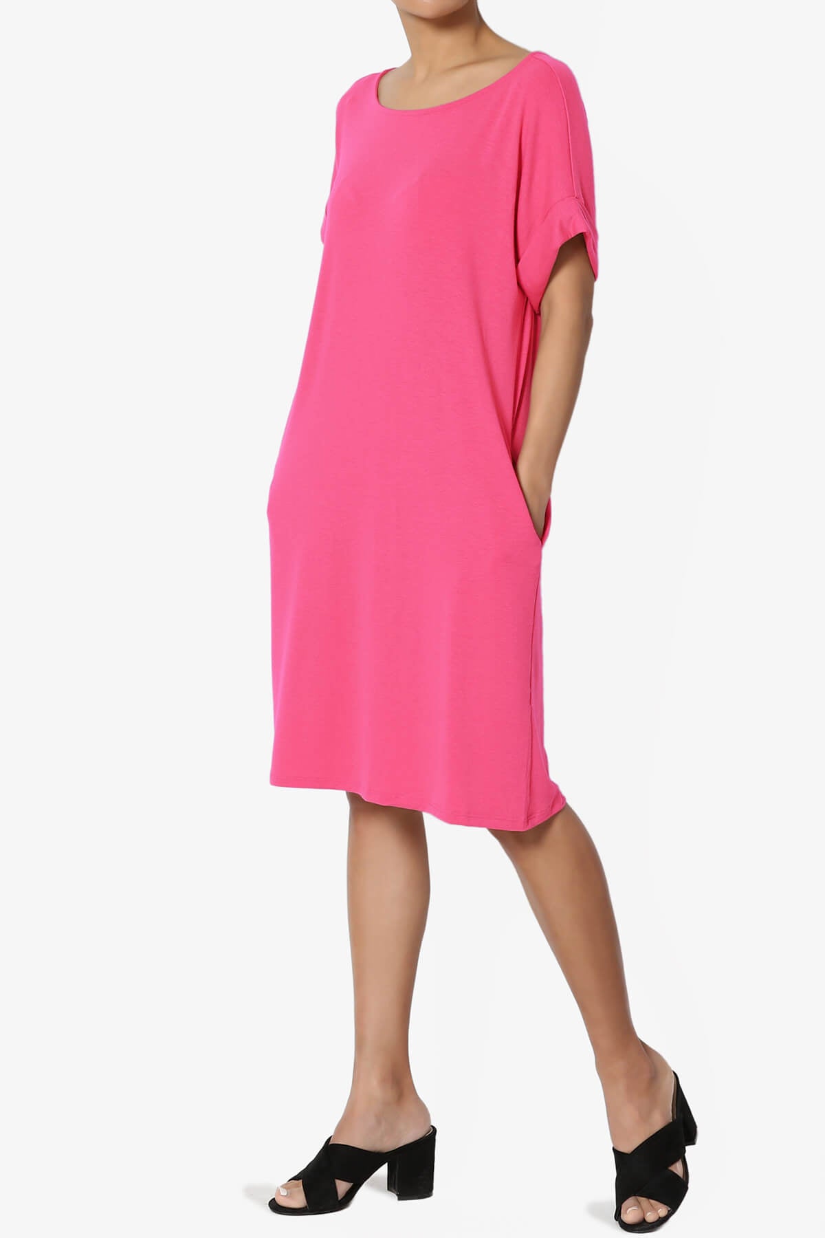 Janie Rolled Short Sleeve Round Neck Dress FUCHSIA_3
