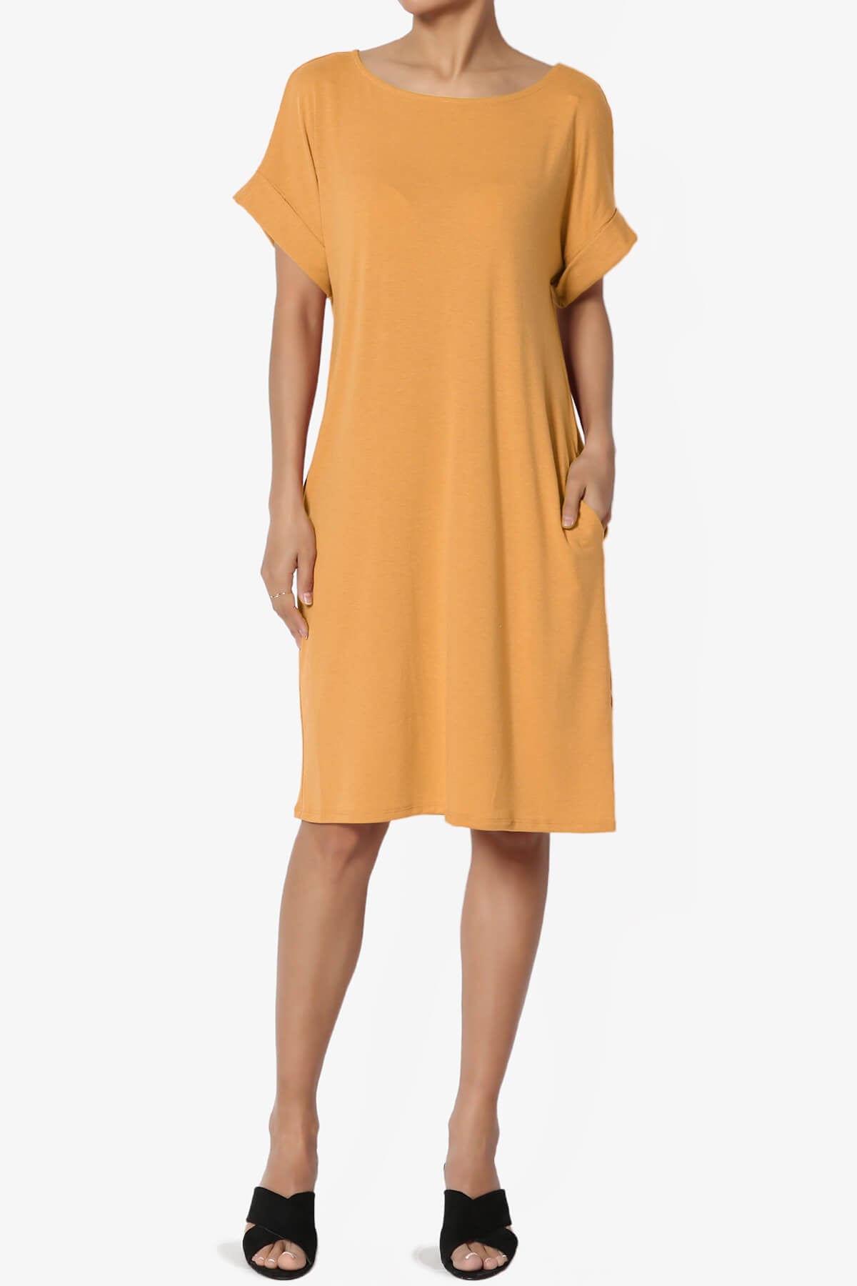 Janie Rolled Short Sleeve Round Neck Dress GOLDEN MUSTARD_1