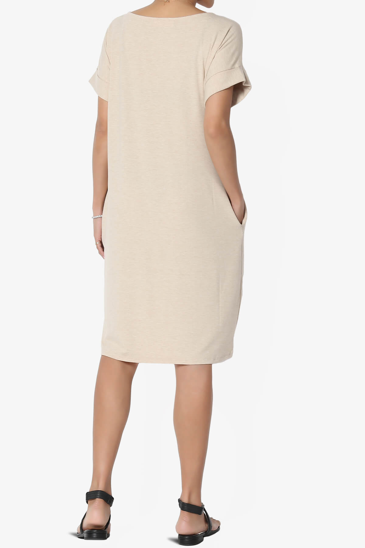 Janie Rolled Short Sleeve Round Neck Dress HEATHER BEIGE_2