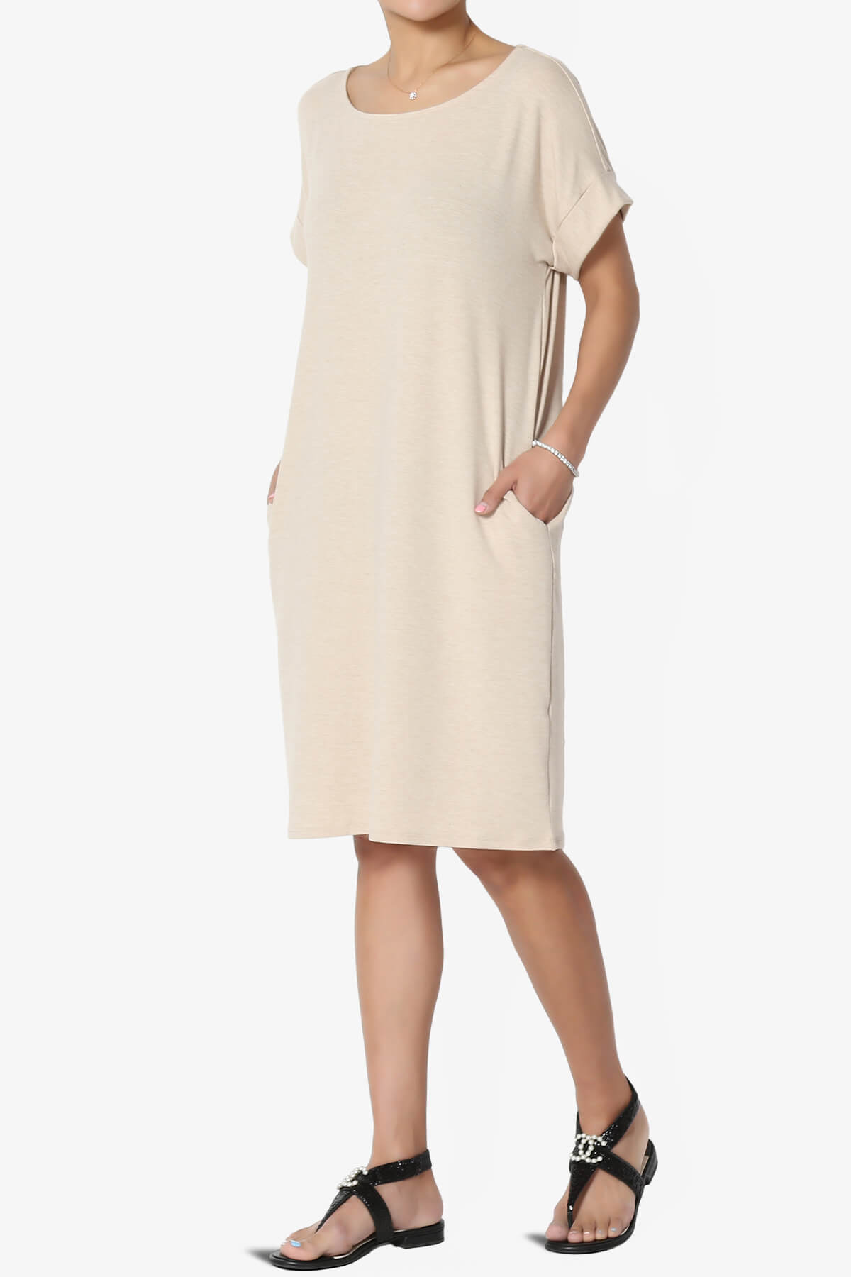 Janie Rolled Short Sleeve Round Neck Dress HEATHER BEIGE_3