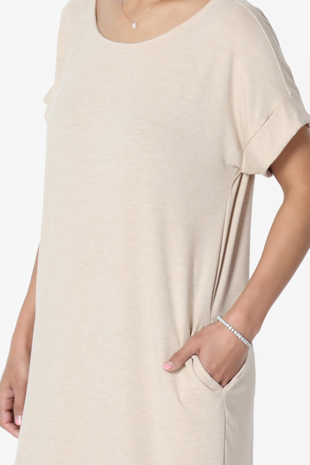 Janie Rolled Short Sleeve Round Neck Dress HEATHER BEIGE_5