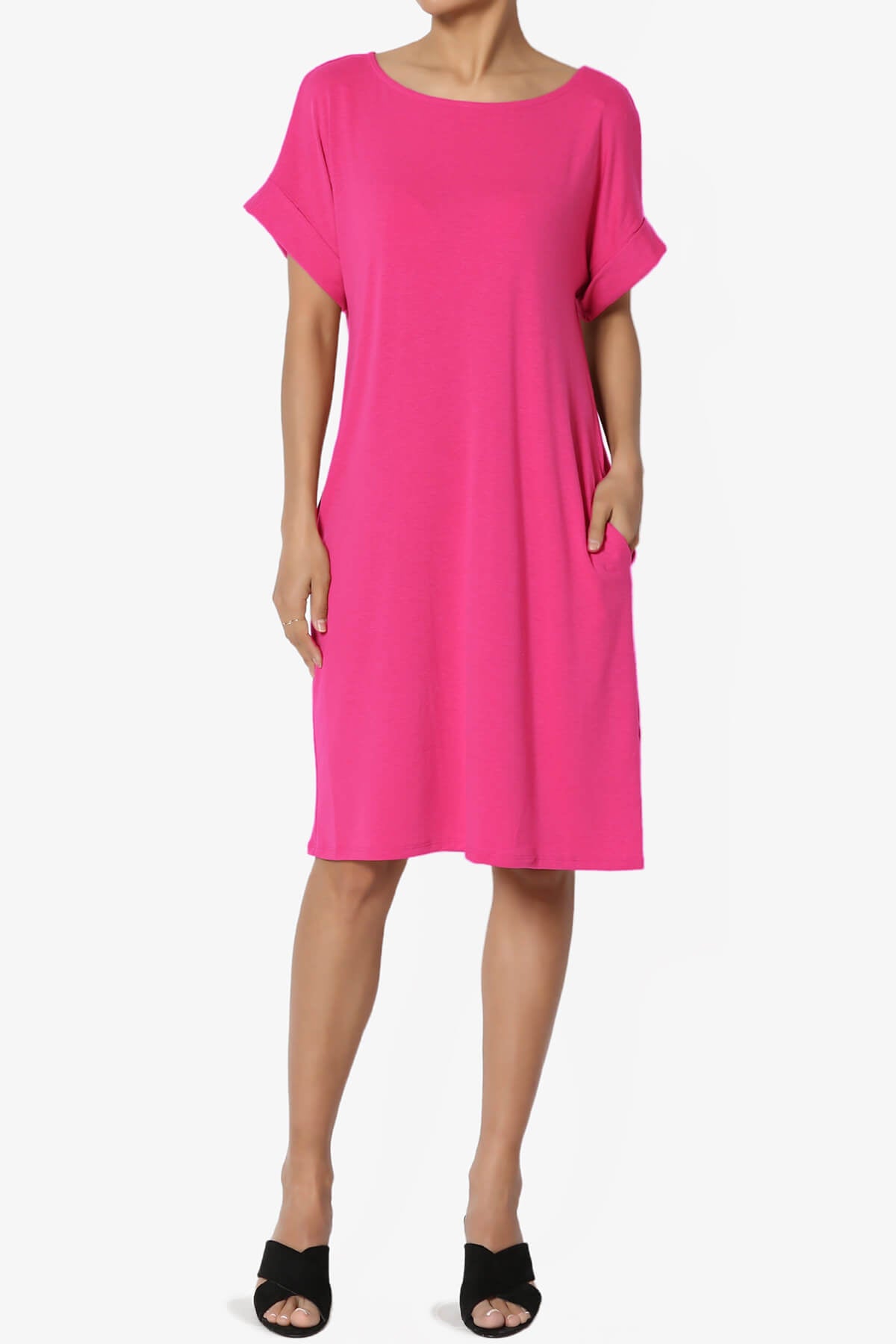 Janie Rolled Short Sleeve Round Neck Dress HOT PINK_1