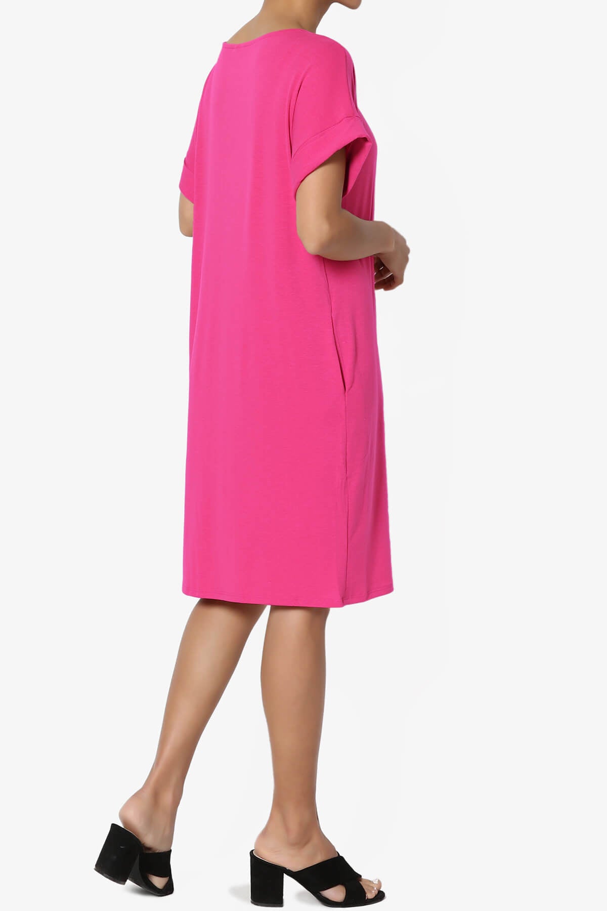 Janie Rolled Short Sleeve Round Neck Dress HOT PINK_4