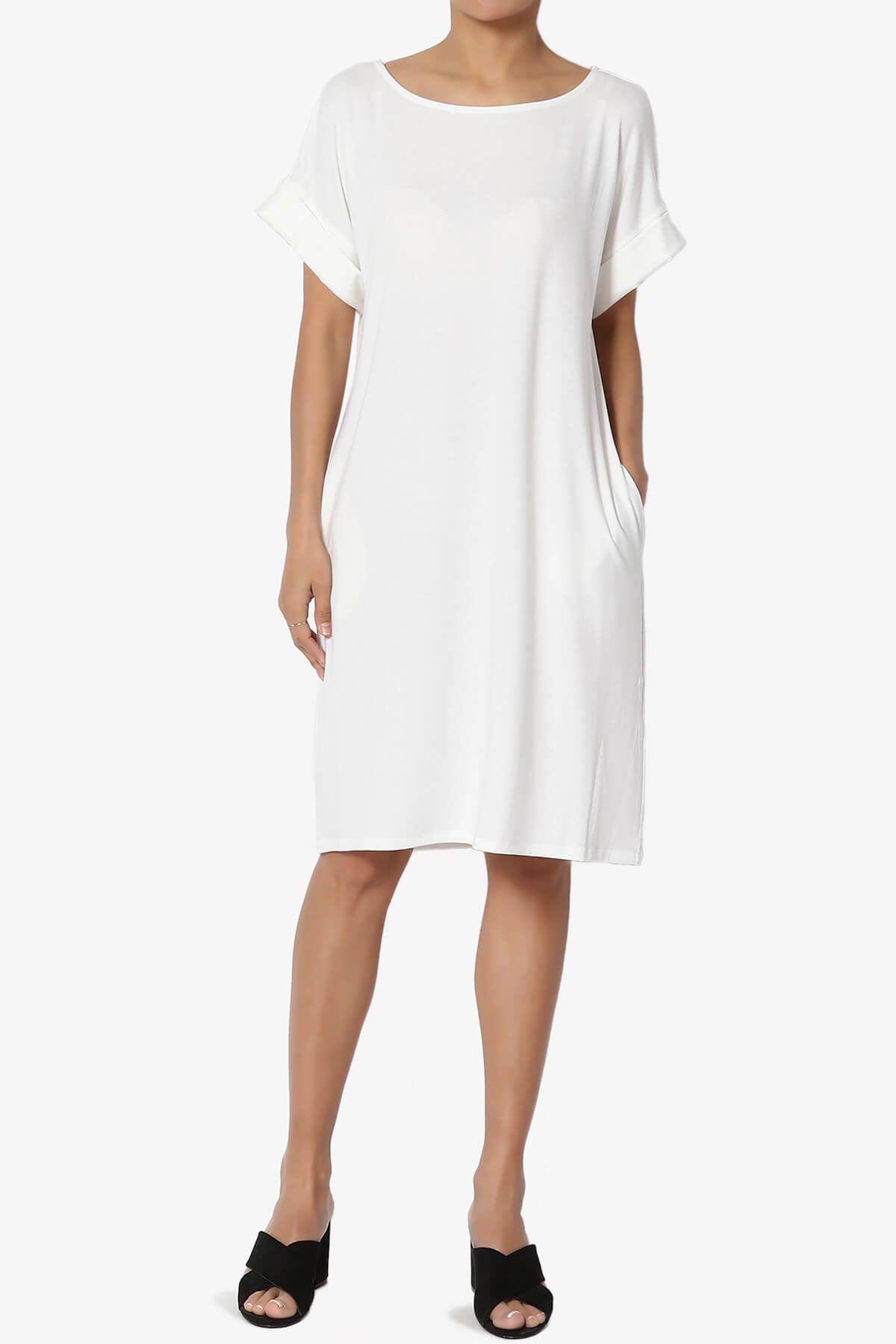 Janie Rolled Short Sleeve Round Neck Dress IVORY_1