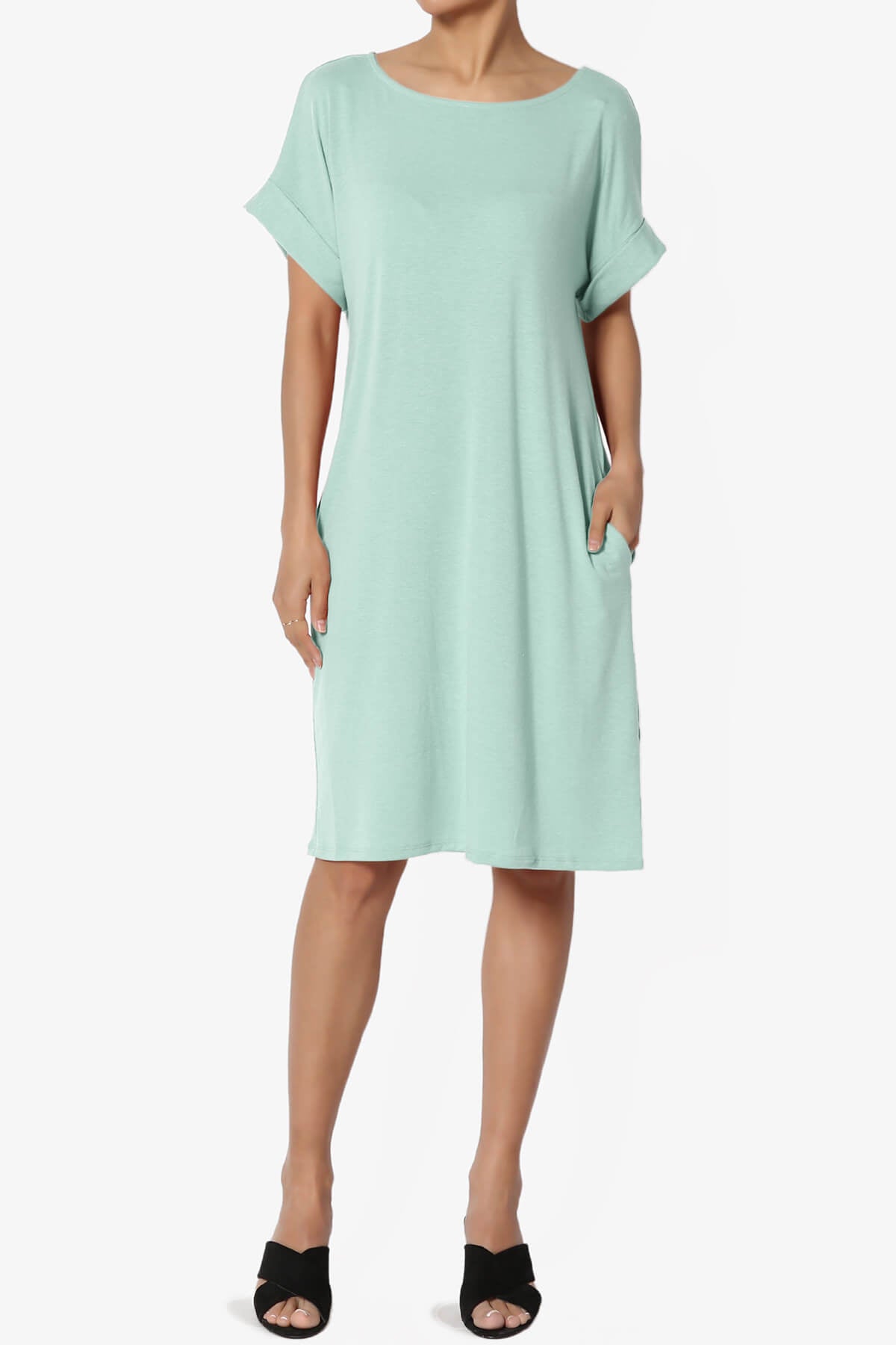 Janie Rolled Short Sleeve Round Neck Dress LIGHT GREEN_1