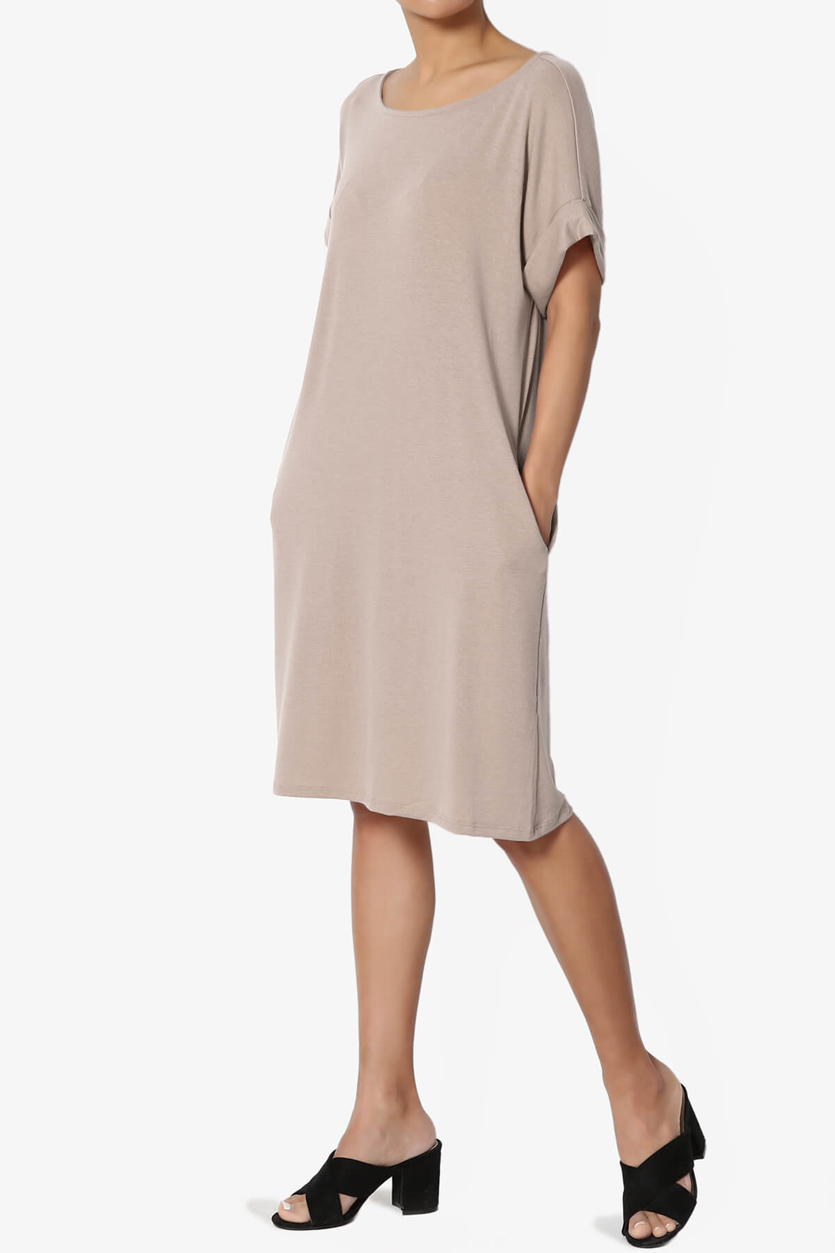 Janie Rolled Short Sleeve Round Neck Dress LIGHT MOCHA_3