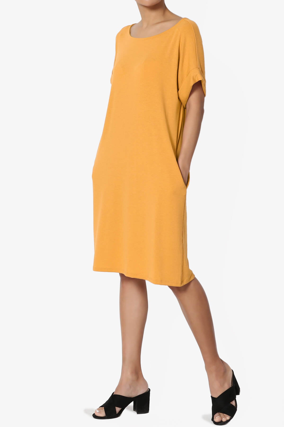 Janie Rolled Short Sleeve Round Neck Dress MUSTARD_3