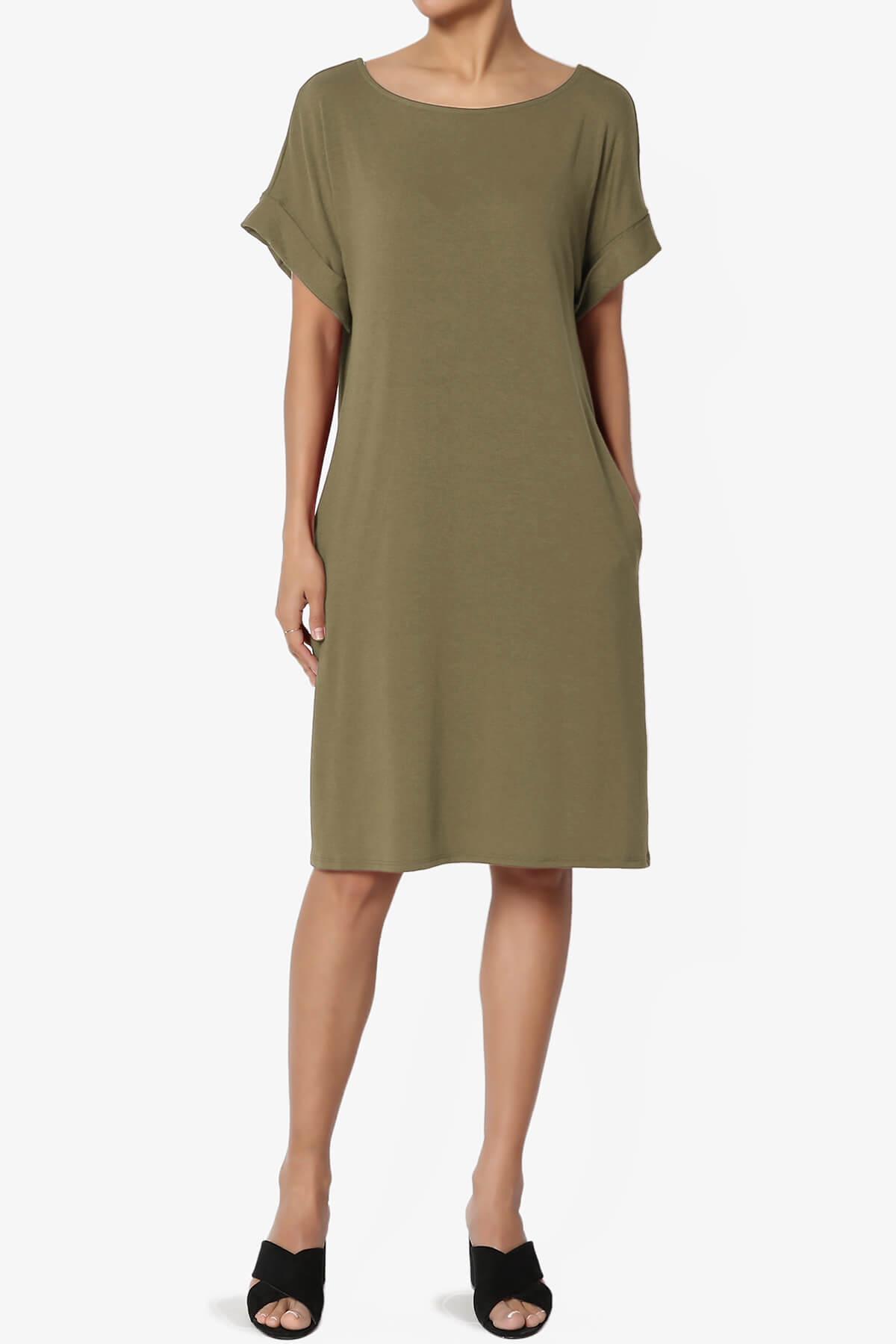 Janie Rolled Short Sleeve Round Neck Dress OLIVE KHAKI_1