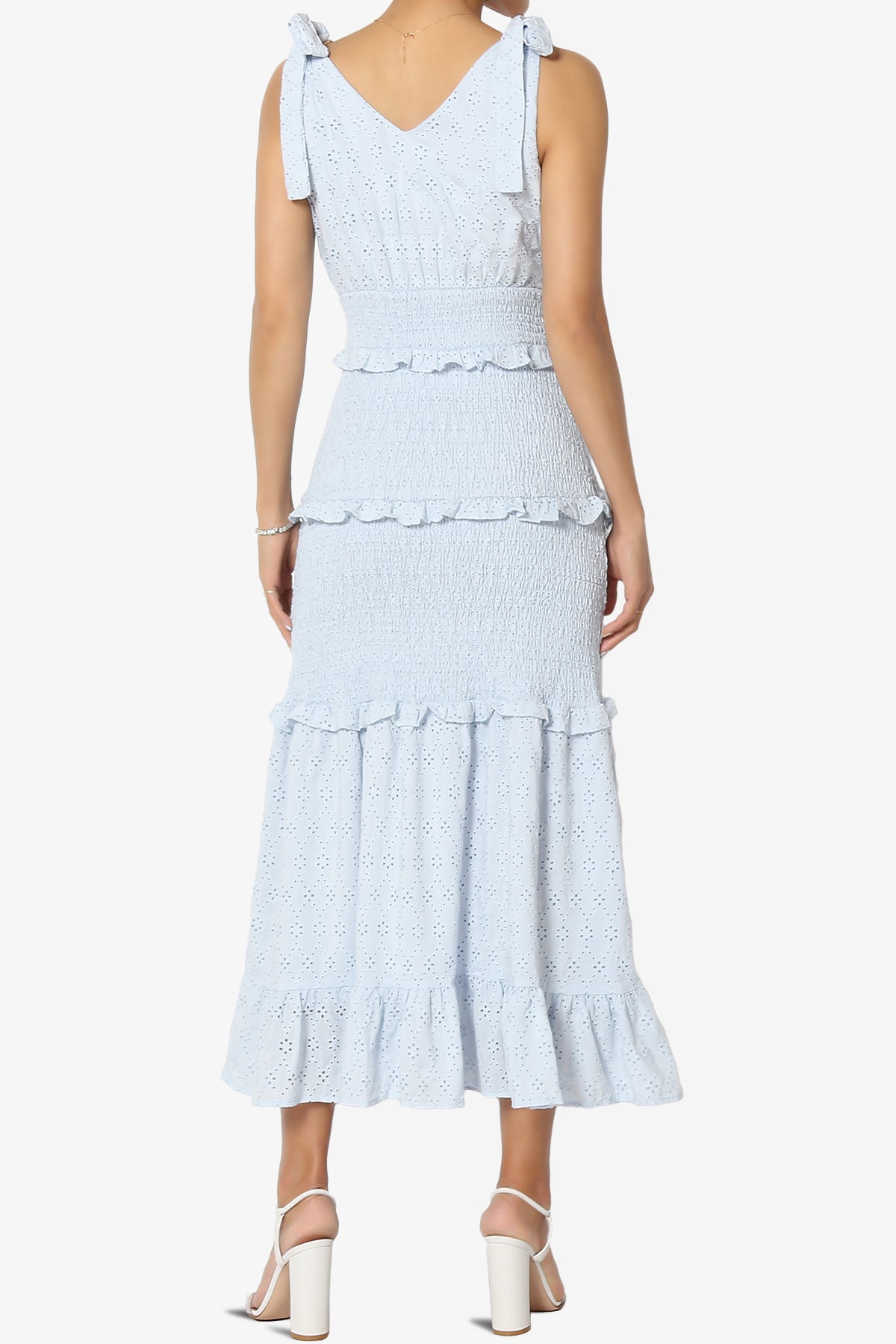 Jayce Embroidered Eyelet Smocked Ruffle Dress in Blue