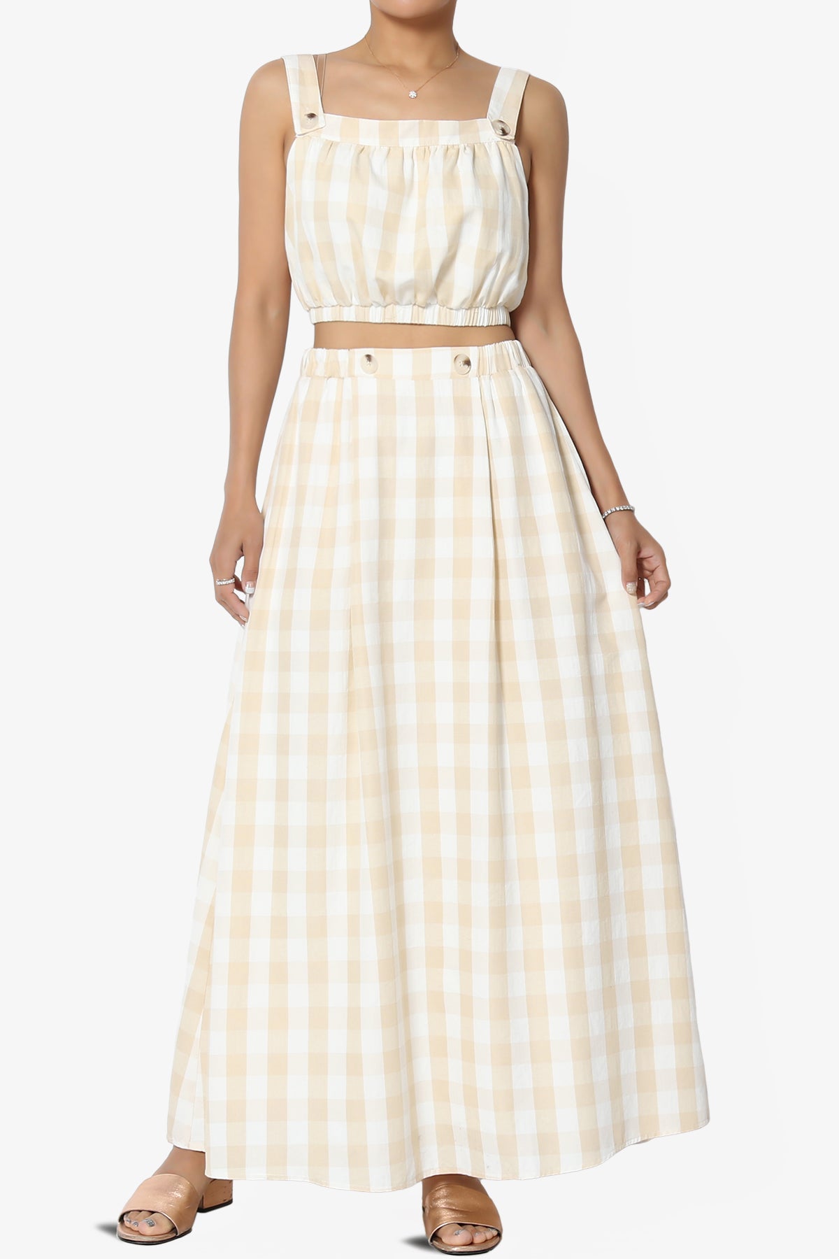 Hamiss Gingham Crop Top & Flare Skirt Set in Taupe
