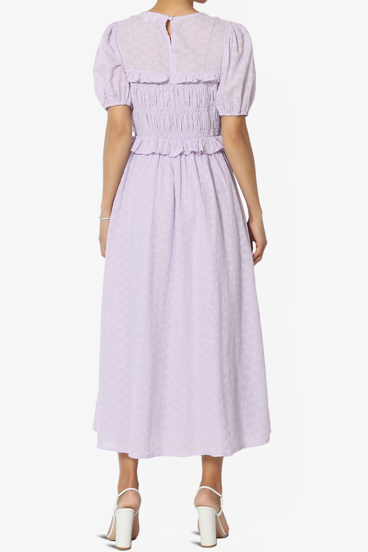 Rena Embroidered Eyelet Ruffle Midi Dress in Lavender
