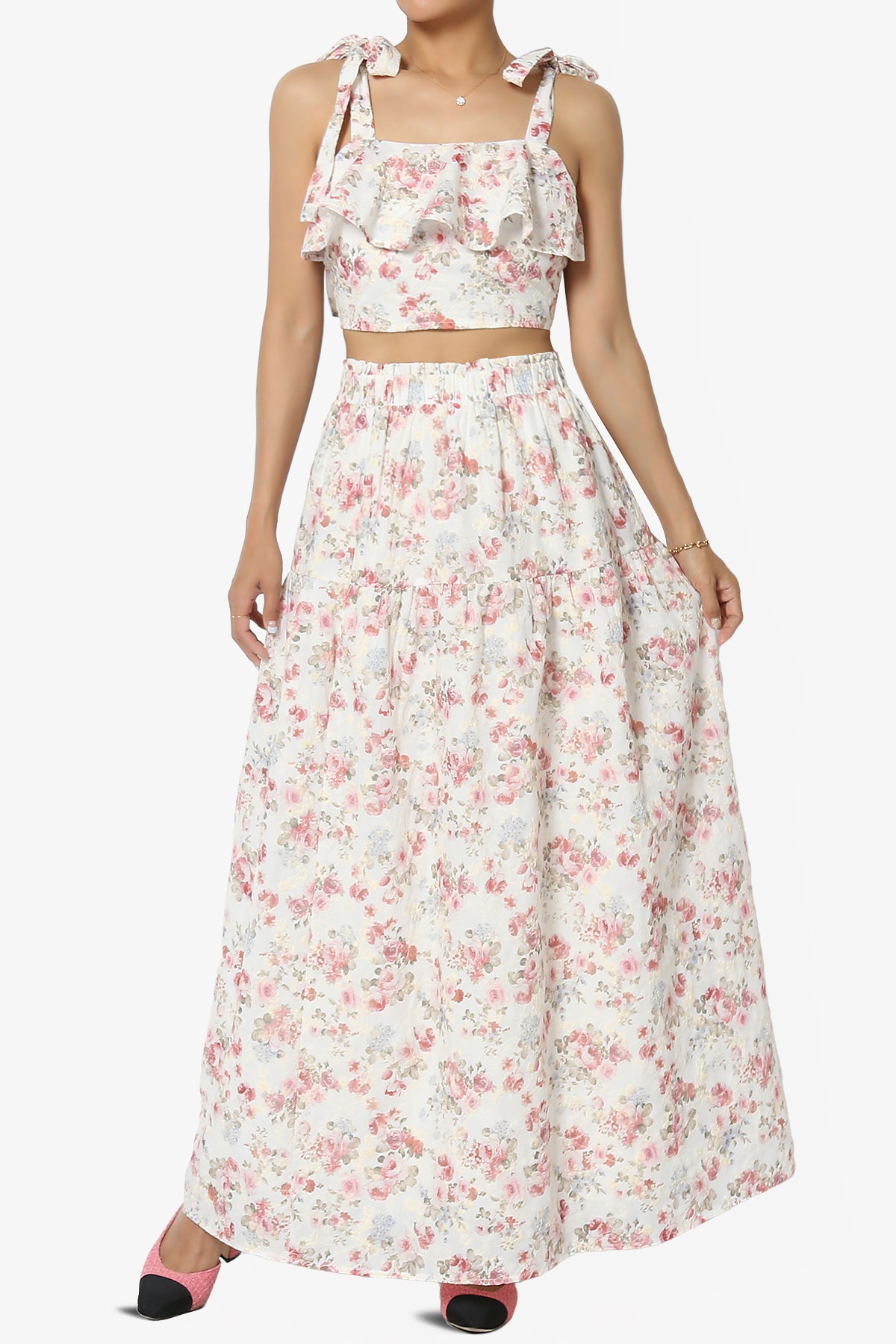 Twice Floral Ruffle Crop Top & A-Line Skirt Set in Pink