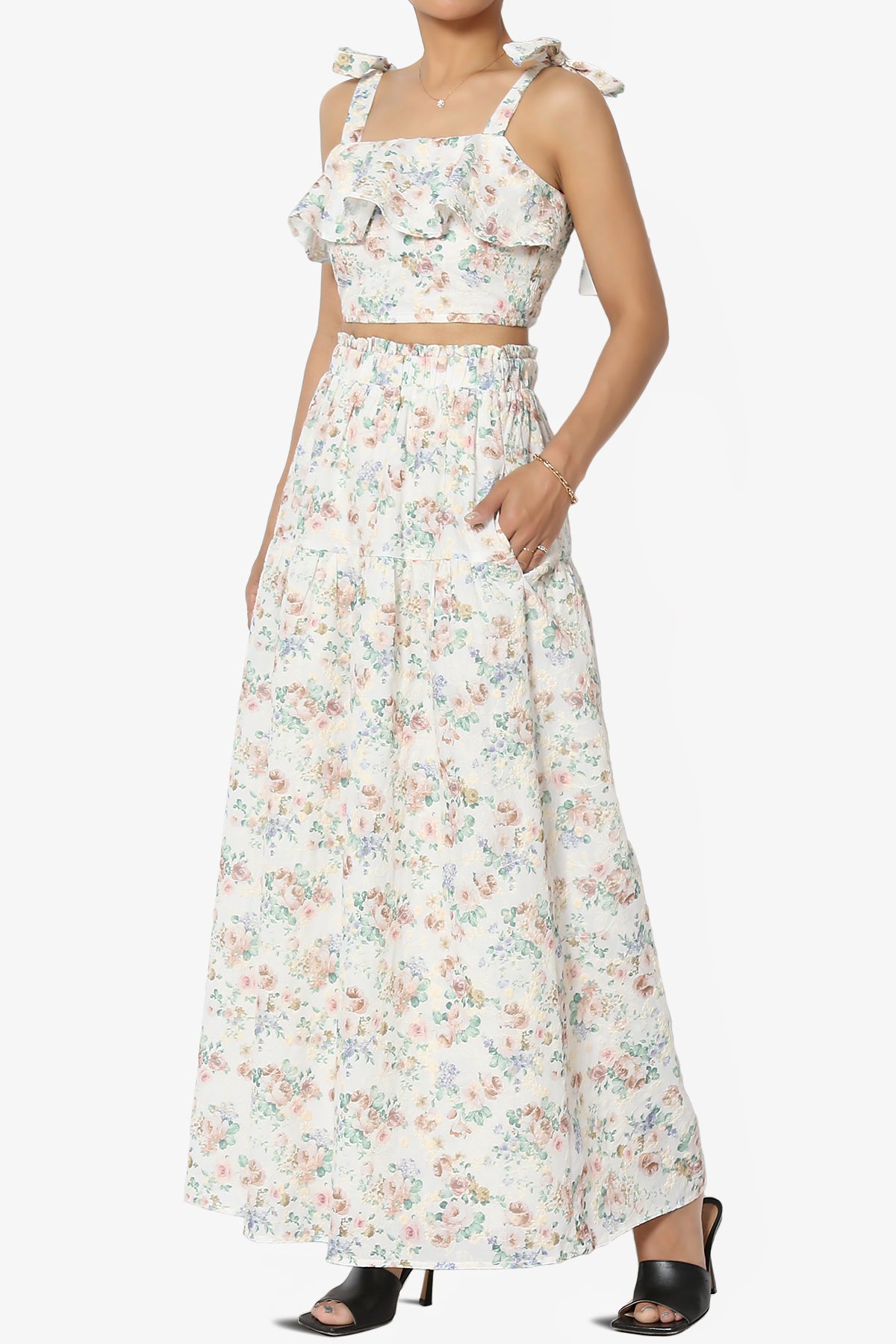 Twice Floral Ruffle Crop Top & A-Line Skirt Set in Taupe