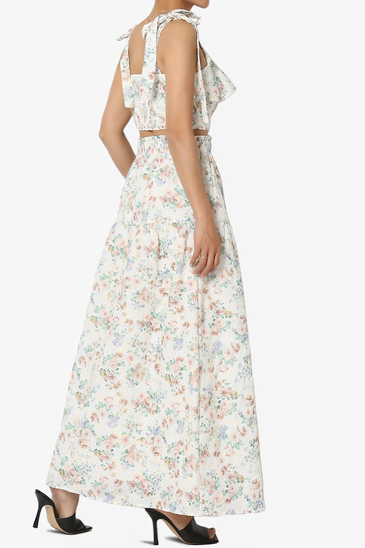 Twice Floral Ruffle Crop Top & A-Line Skirt Set in Taupe