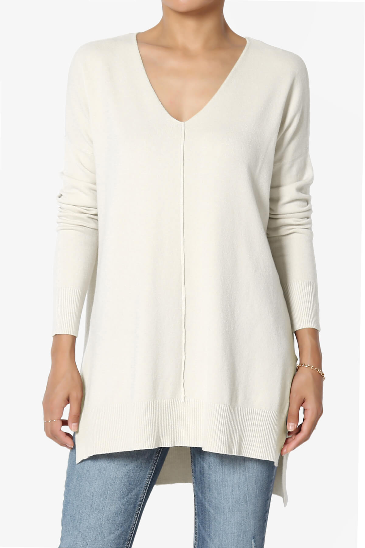 Katana Front Seam V-Neck Knit Sweater BONE_1