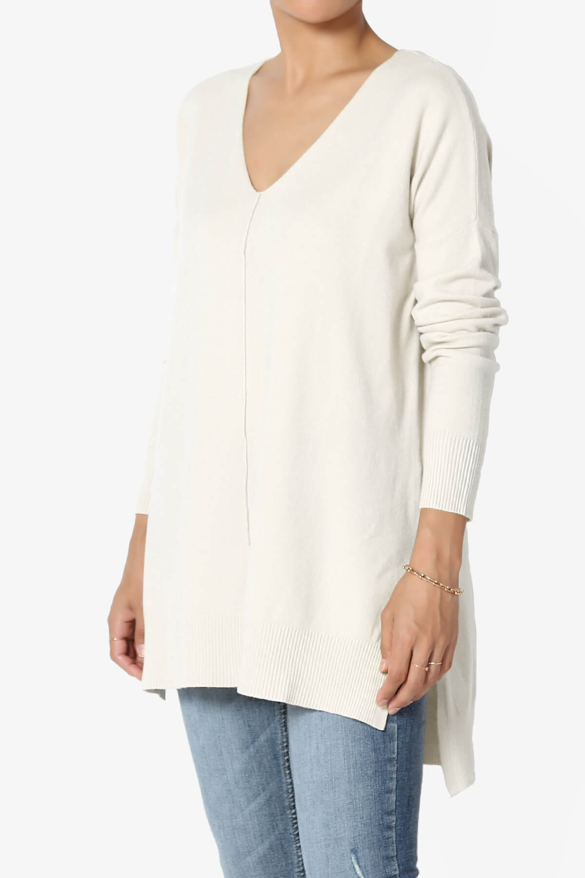 Katana Front Seam V-Neck Knit Sweater BONE_3