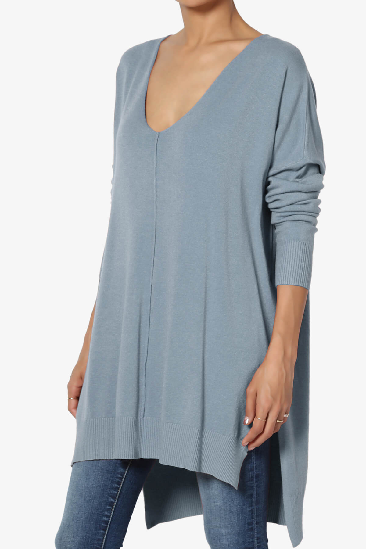 Katana Front Seam V-Neck Knit Sweater CEMENT_3