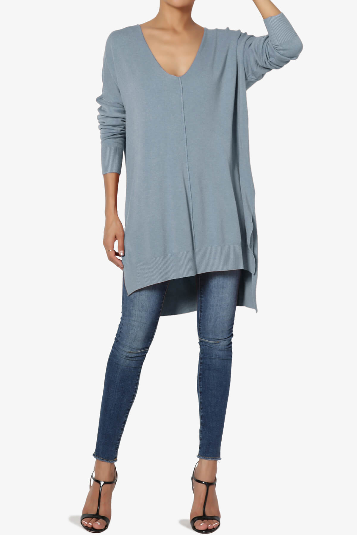 Katana Front Seam V-Neck Knit Sweater CEMENT_6