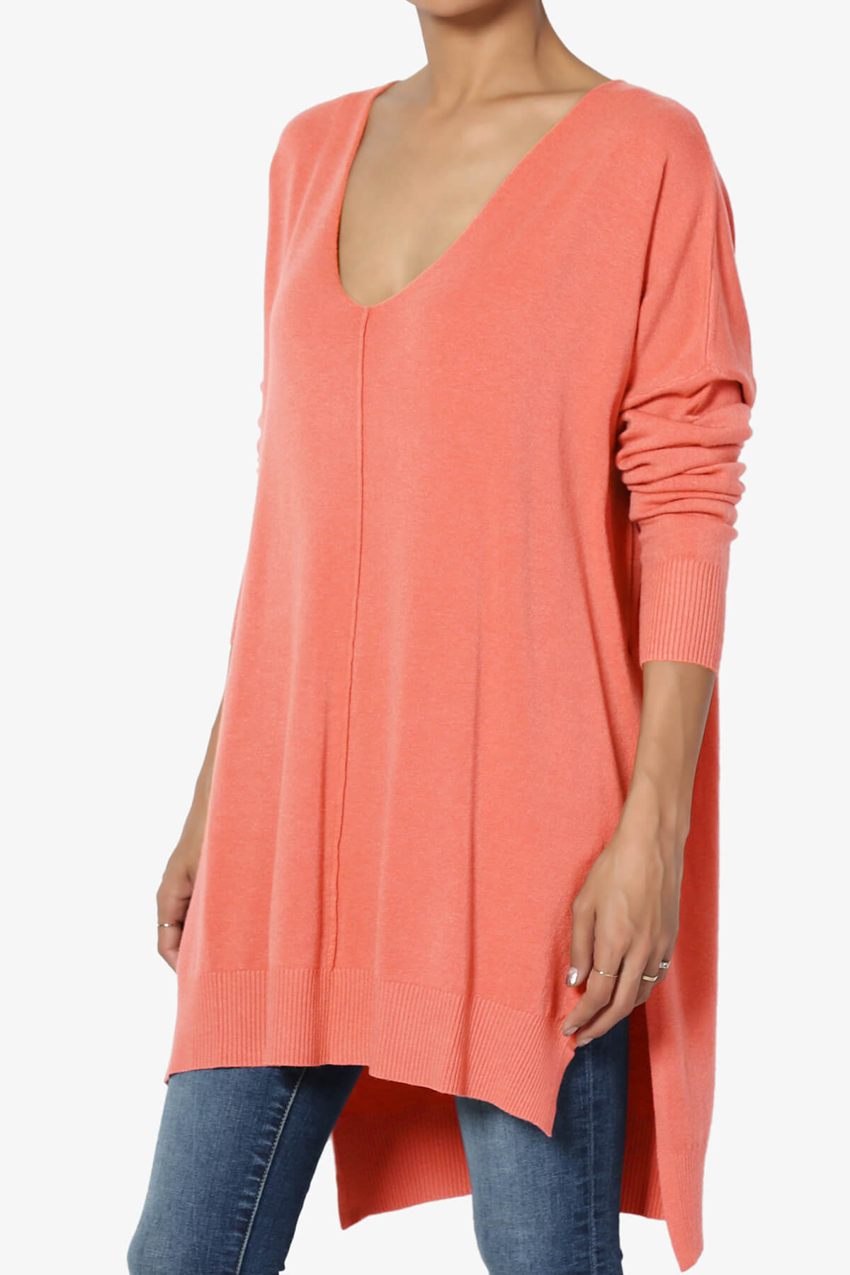 Katana Front Seam V-Neck Knit Sweater CORAL_3