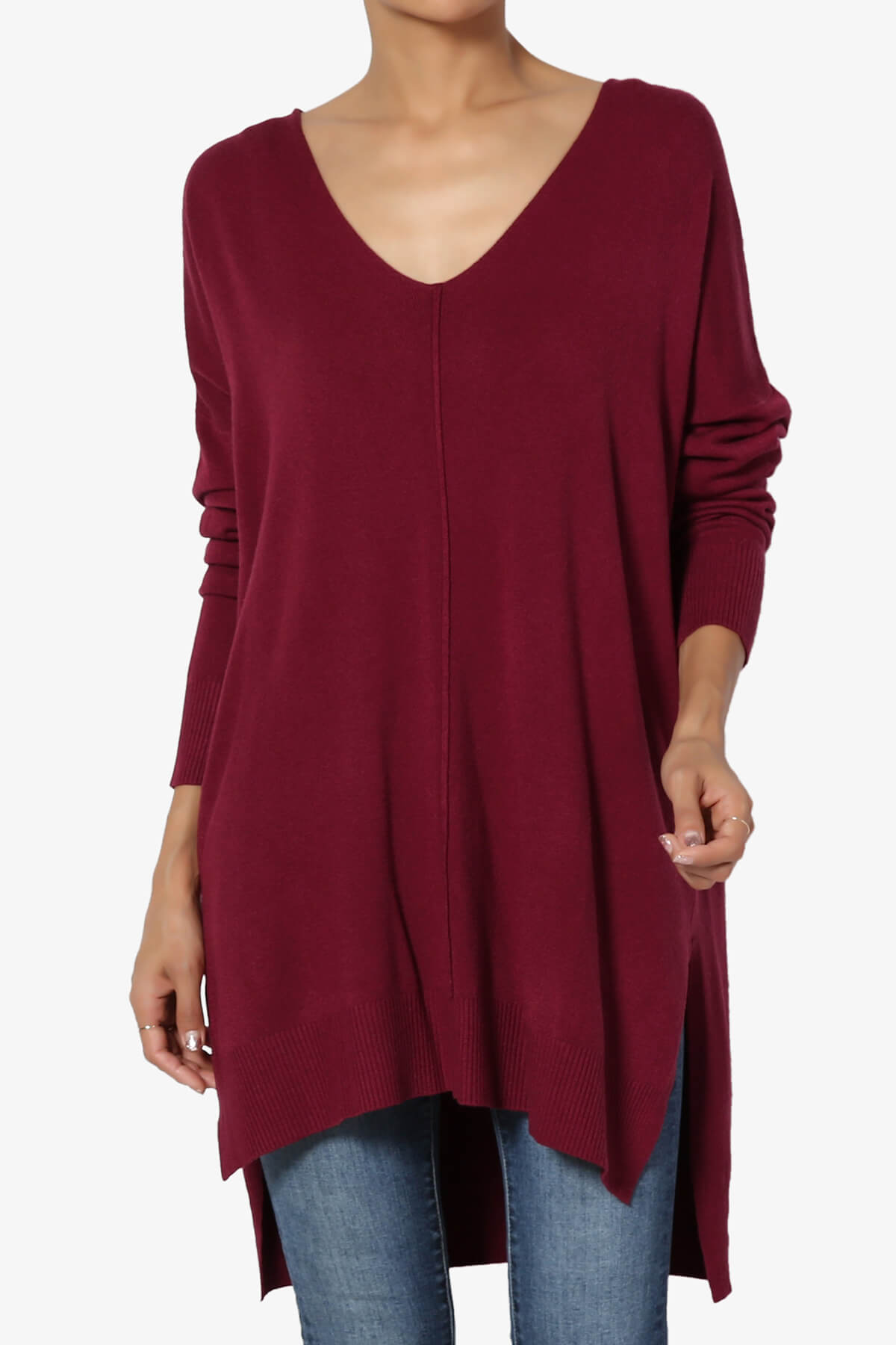 Katana Front Seam V-Neck Knit Sweater DARK BURGUNDY_1