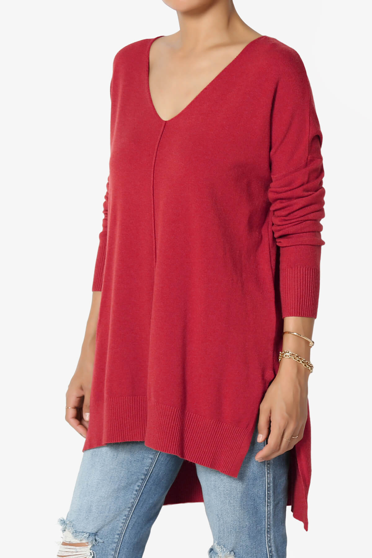 Katana Front Seam V-Neck Knit Sweater DARK RED_3