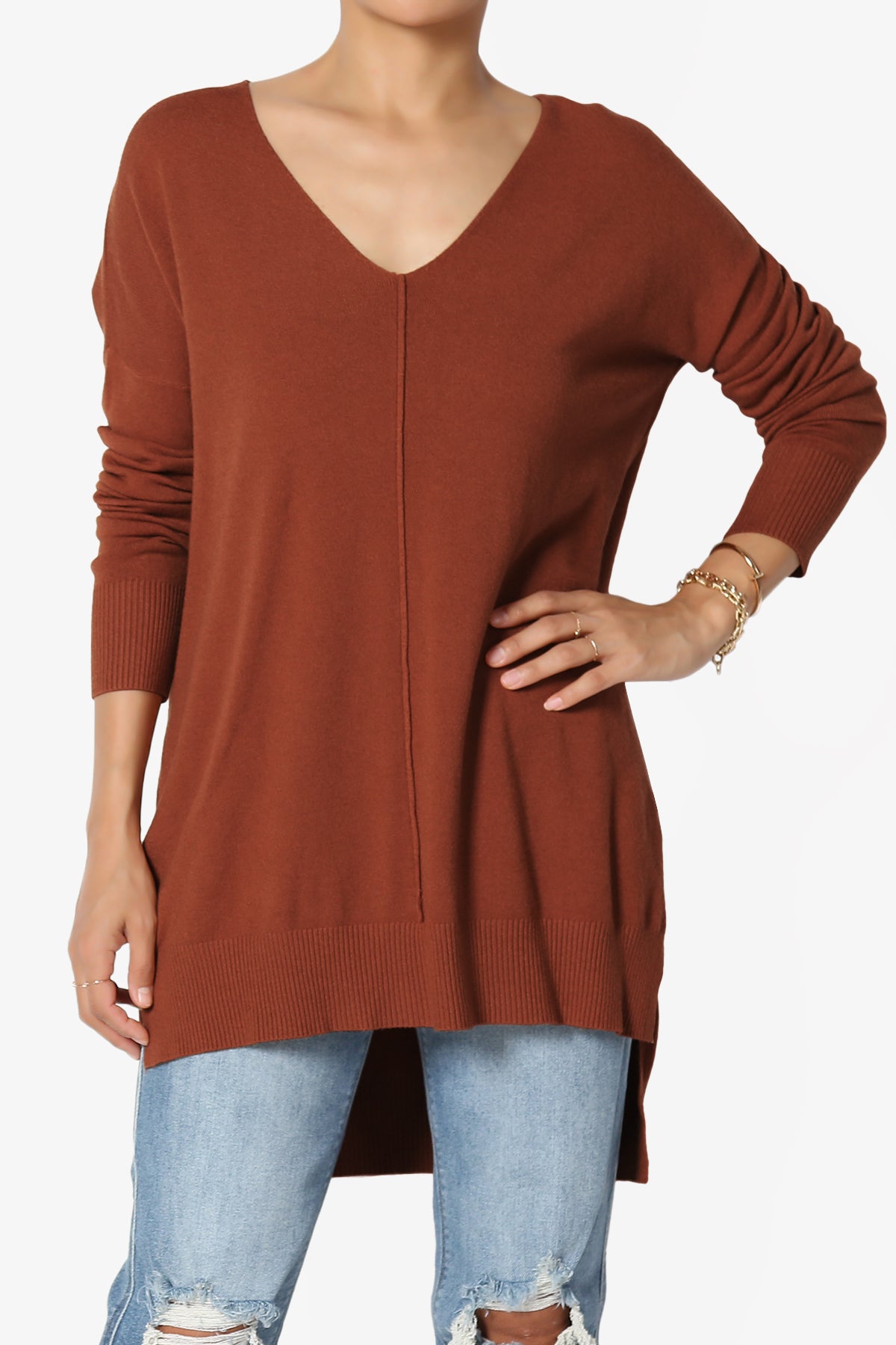 Katana Front Seam V-Neck Knit Sweater DARK RUST_1
